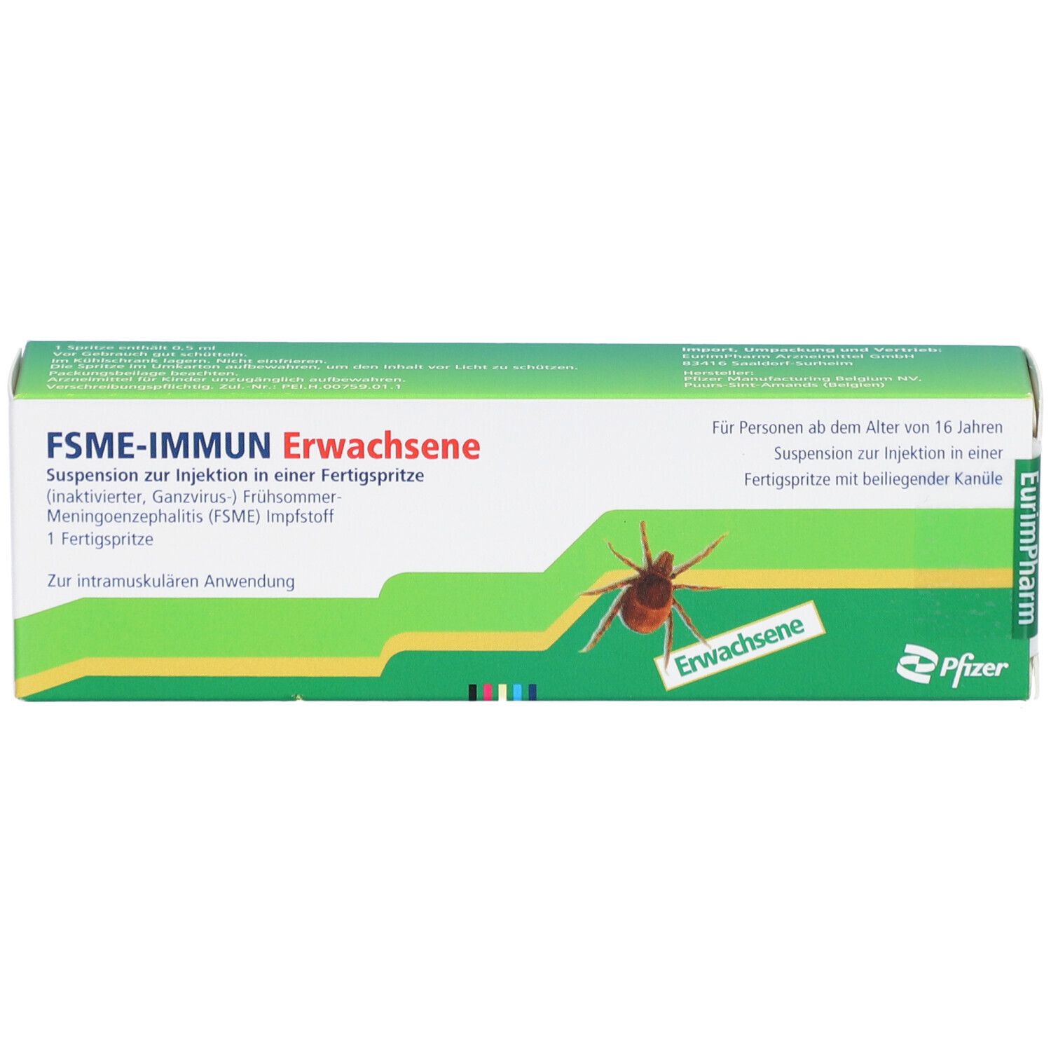 FSME-IMMUN Erwachsene Verpackung. Grün-weiße Schachtel mit Produktnamen, Zeckenabbildung und Text. Fertigspritze.