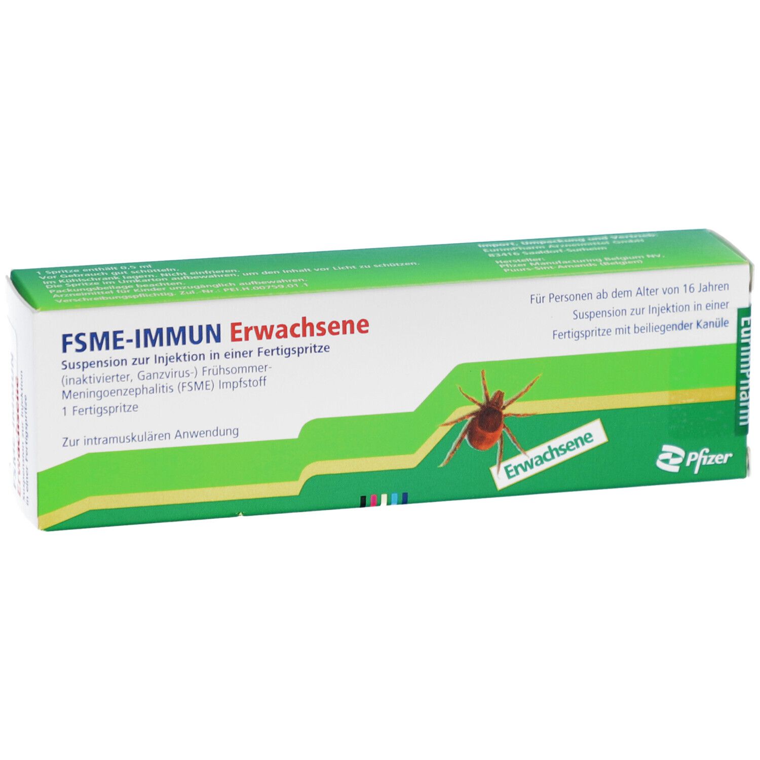 FSME-IMMUN Erwachsene Verpackung. Grün-weiße Schachtel mit Produktnamen, Zeckenabbildung und Text. Fertigspritze.