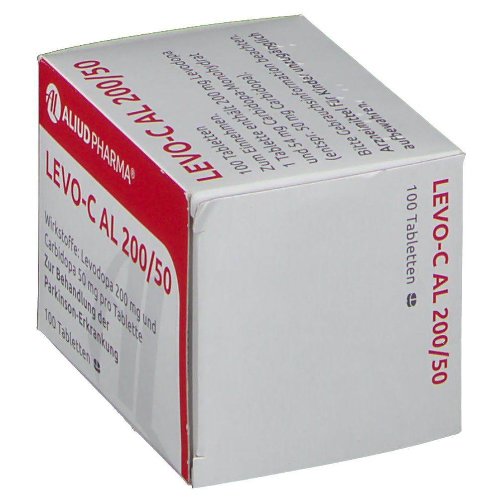 Karton LEVO-C AL 200/50. Rote und weiße Verpackung. Text: AL, 100 Tabletten. Ansicht von oben und der Seite. Aufschrift: Zur Behandlung der Parkinson-Erkrankung.