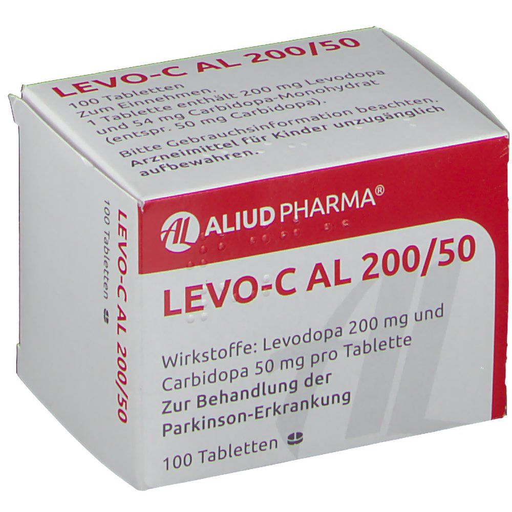 Karton LEVO-C AL 200/50. Rote und weiße Verpackung. Text: AL, Wirkstoffe, 100 Tabletten. Aufschrift: Zur Behandlung der Parkinson-Erkrankung.