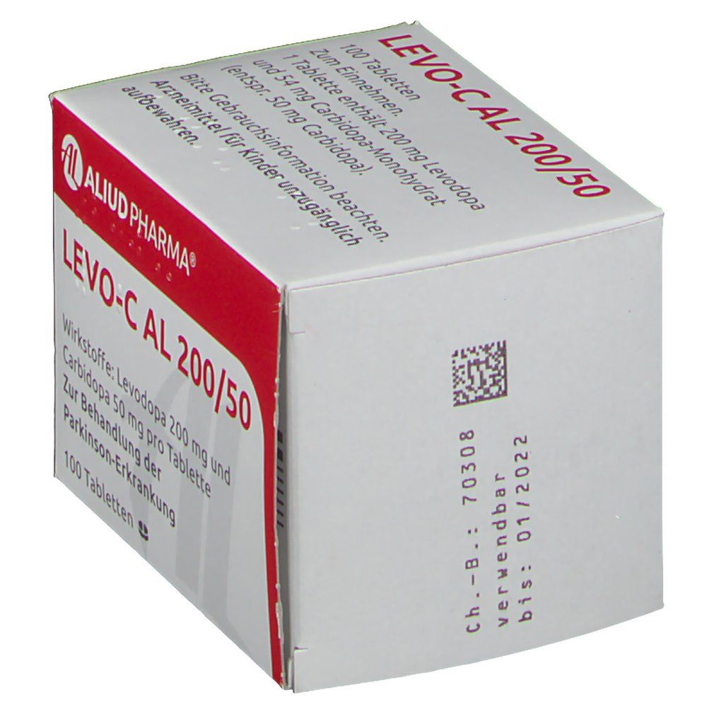 Karton LEVO-C AL 200/50. Rote und weiße Verpackung. Text: AL, 100 Tabletten. Aufdruck: Ch.-B., Verwendbar bis: 01/2022. Aufschrift: Zur Behandlung der Parkinson-Erkrankung.