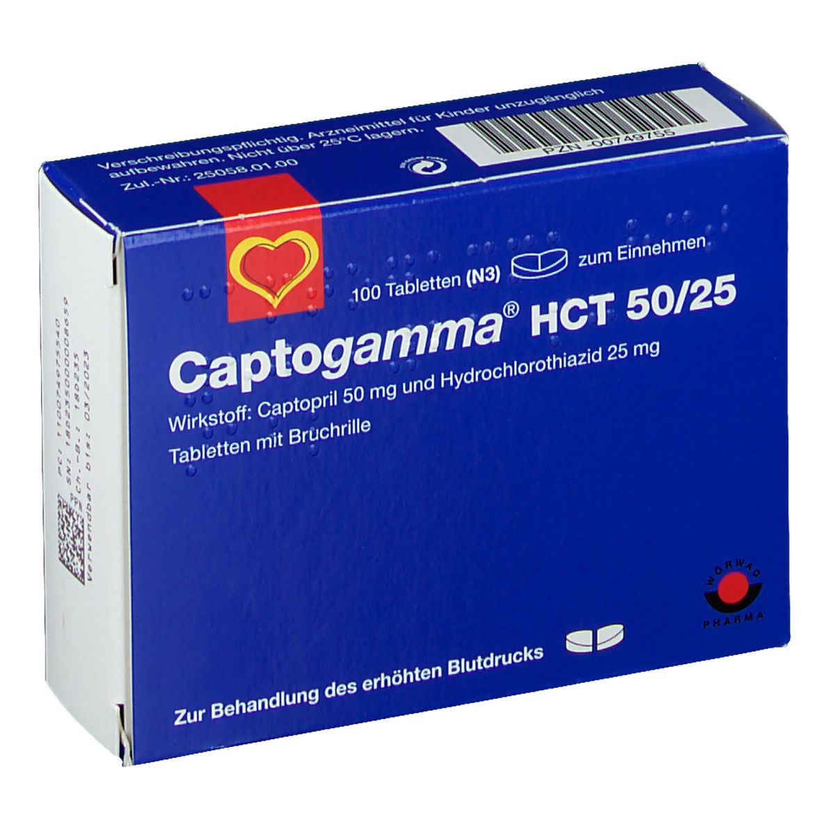 Blau-weiße Schachtel mit Aufschrift Captopgamma HCT 50/25. Enthält 100 Tabletten. Text: Zur Behandlung des erhöhten Blutdrucks.