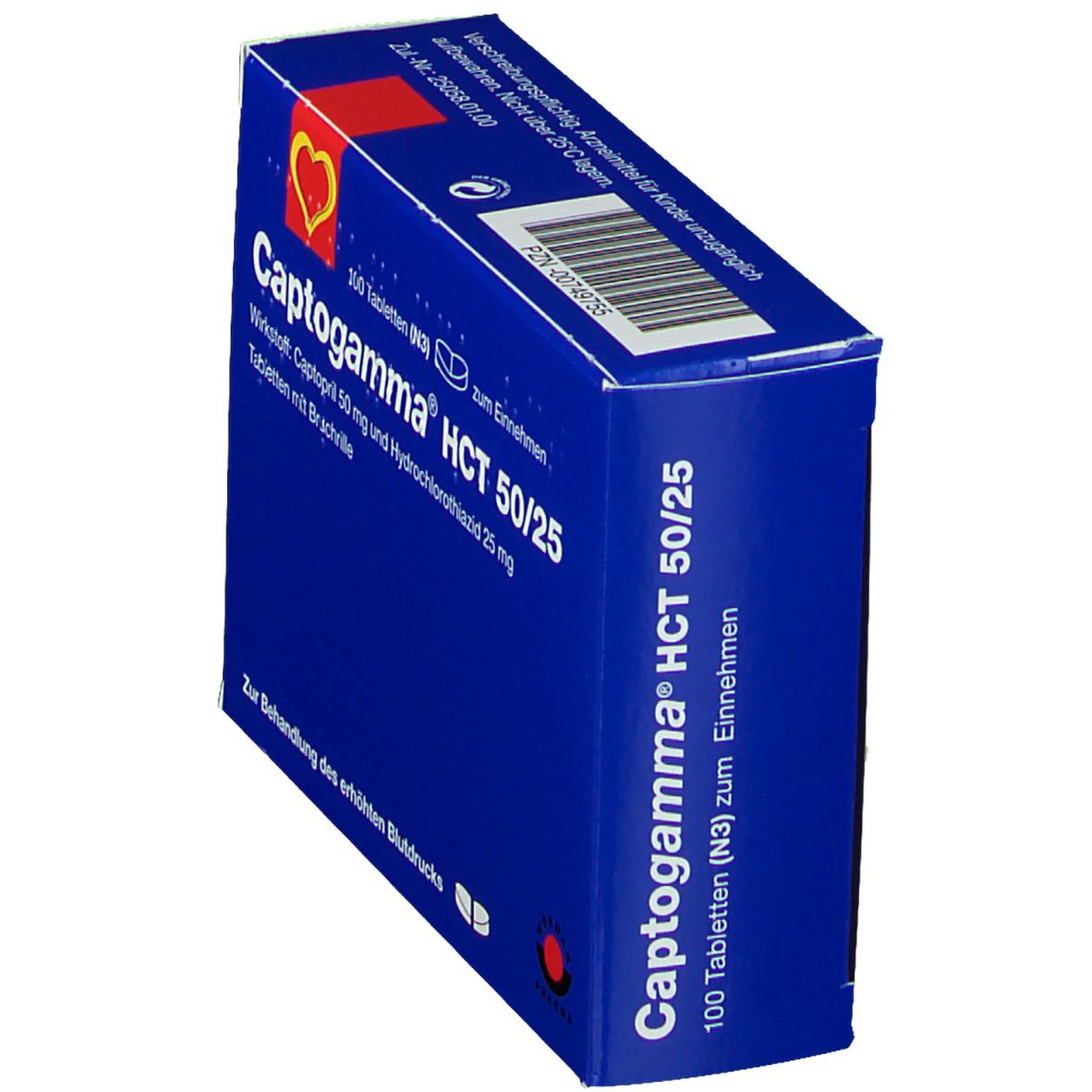 Schräg stehende blaue Schachtel mit Captopgamma HCT 50/25. Enthält 100 Tabletten. Text: Zur Behandlung des erhöhten Blutdrucks.