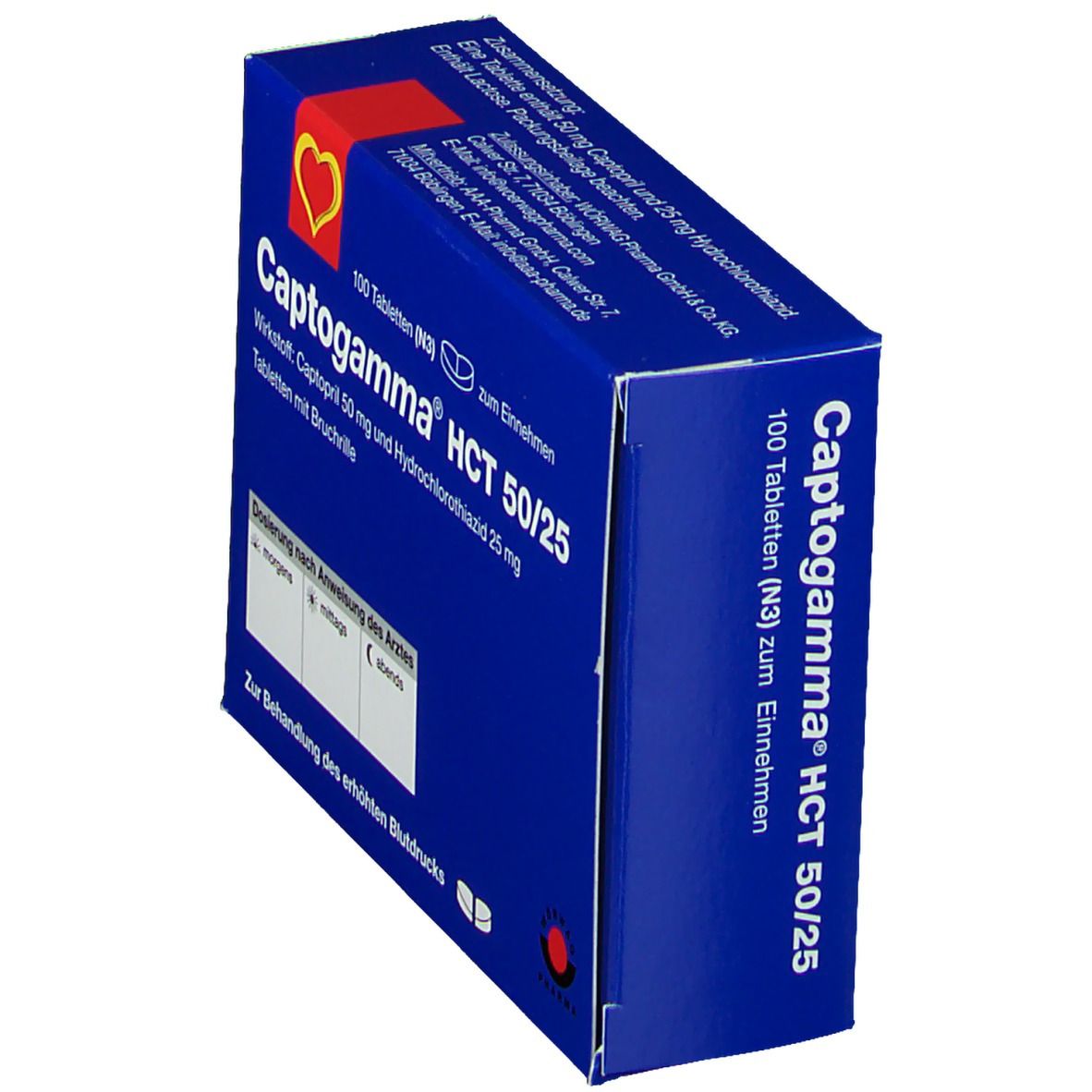 Blaue Schachtel mit Captopgamma HCT 50/25. Enthält 100 Tabletten. Text: Zur Behandlung des erhöhten Blutdrucks. Rote Herz-Grafik.