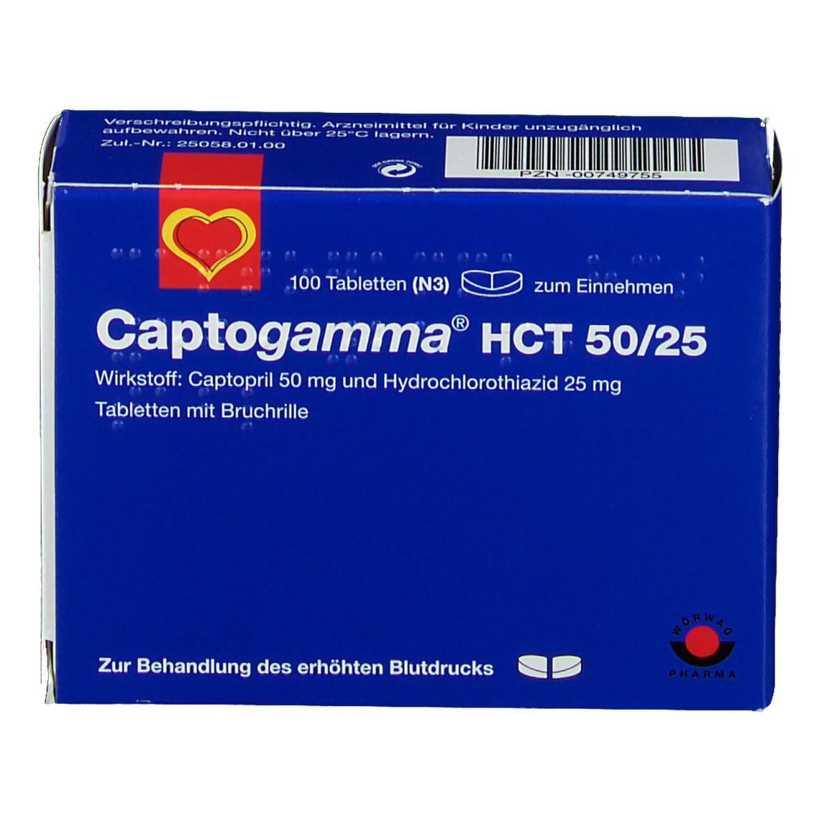 Blaue Schachtel mit Captopgamma HCT 50/25. Enthält 100 Tabletten. Text: Zur Behandlung des erhöhten Blutdrucks. Rote Herz-Grafik.