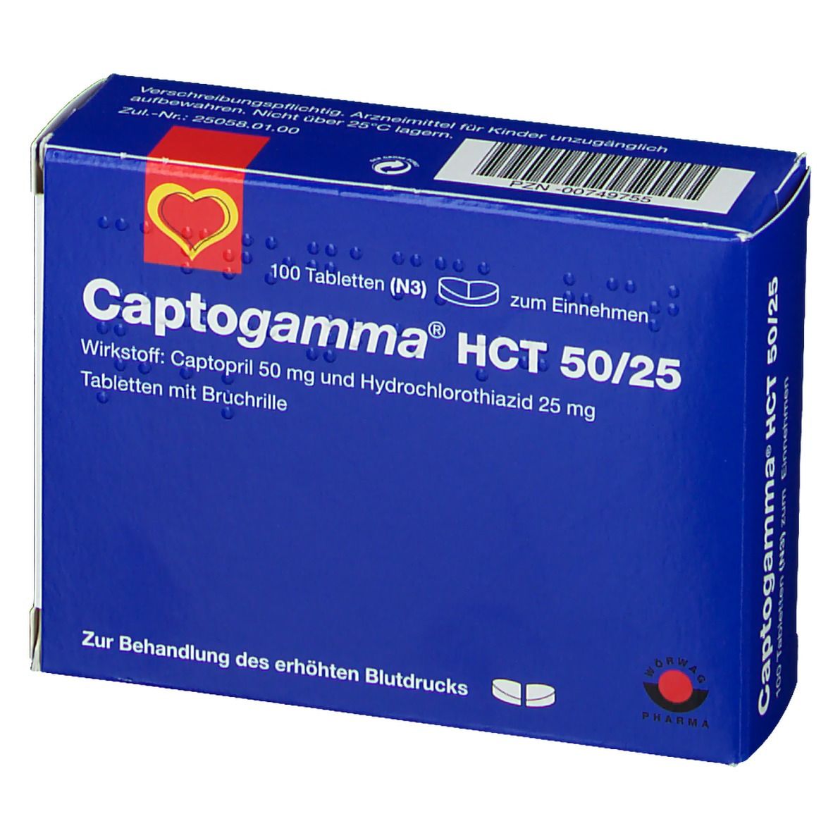 Blaue Schachtel mit Captopgamma HCT 50/25. Enthält 100 Tabletten. Text: Zur Behandlung des erhöhten Blutdrucks. Rote Herz-Grafik.