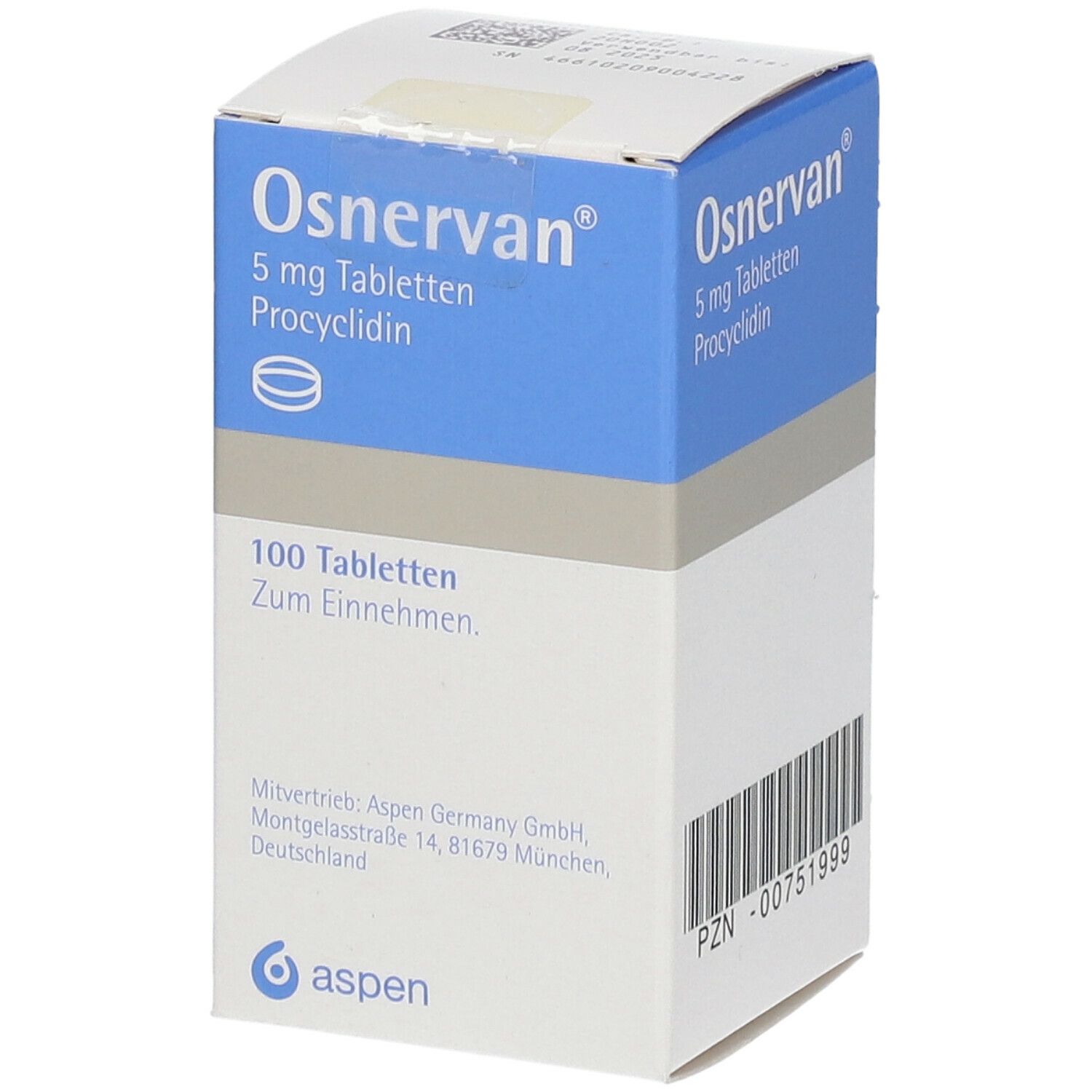 Osnervan 5 mg Tabletten Packung. Blaue und weiße Schachtel mit Produktinformationen und Barcode.