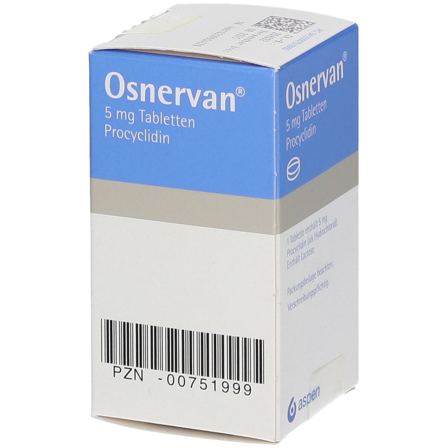 Osnervan 5 mg Tabletten Packung. Blaue und weiße Schachtel mit Produktinformationen und Barcode.