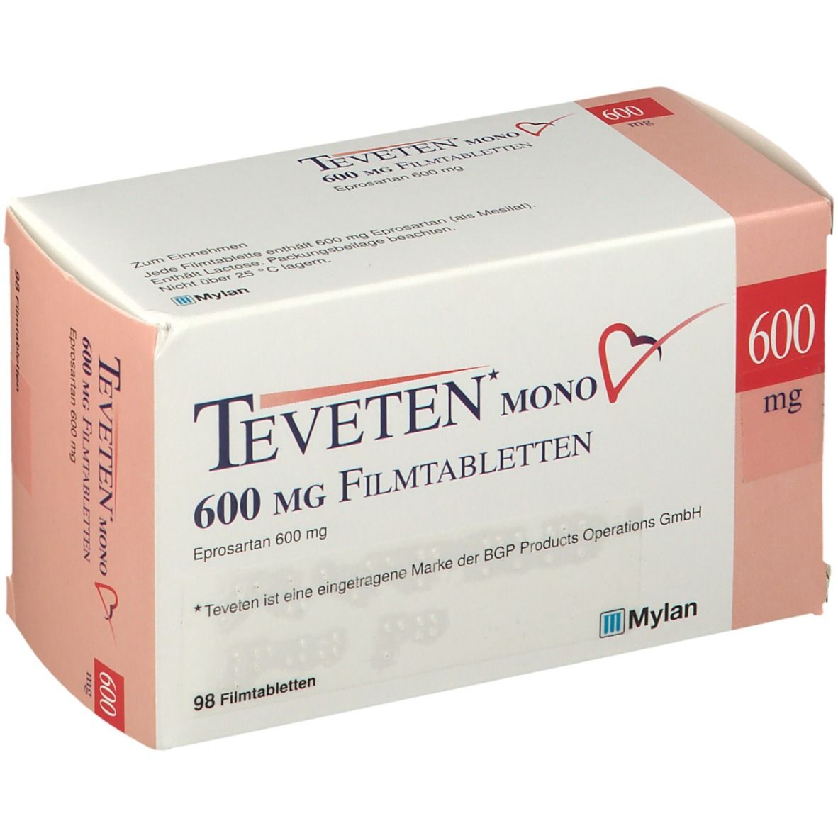 Verpackung von Tabletten. Aufschrift: TEVETEN mono 600 mg Filmtabletten. Rosa und weiße Schachtel mit rotem Herz.