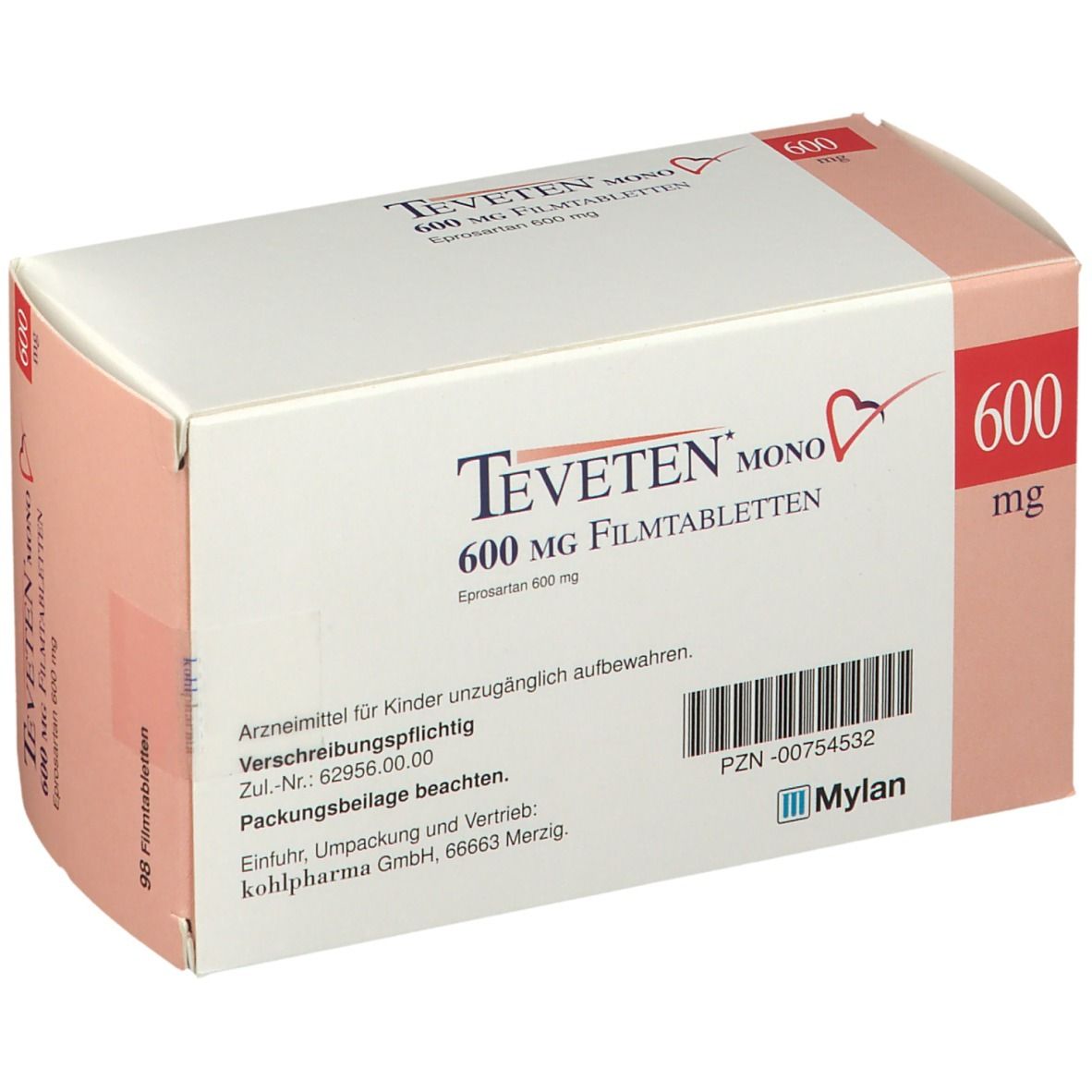 Verpackung von TEVETEN mono 600 mg Filmtabletten. Weiße und rosa Schachtel. Aufschrift und 600 mg in rot.