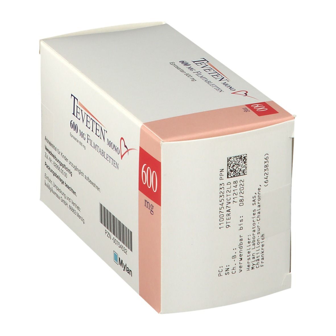 Schachtel von TEVETEN mono 600 mg Filmtabletten. Weiße und rosa Verpackung. Aufschrift und 600 mg in rot.