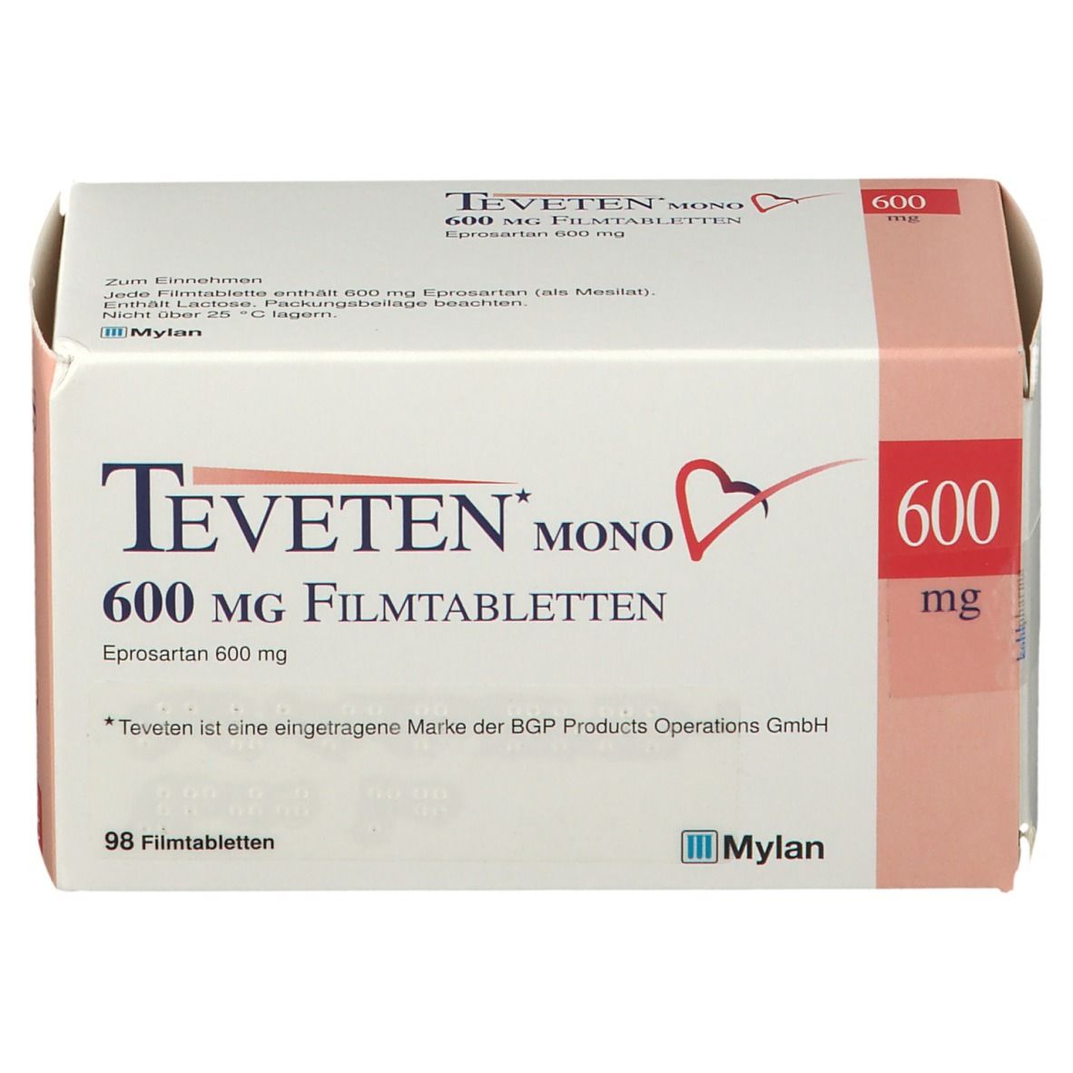 Verpackung von TEVETEN mono 600 mg Filmtabletten. Weiße und rosa Schachtel. Aufschrift und 600 mg in rot.
