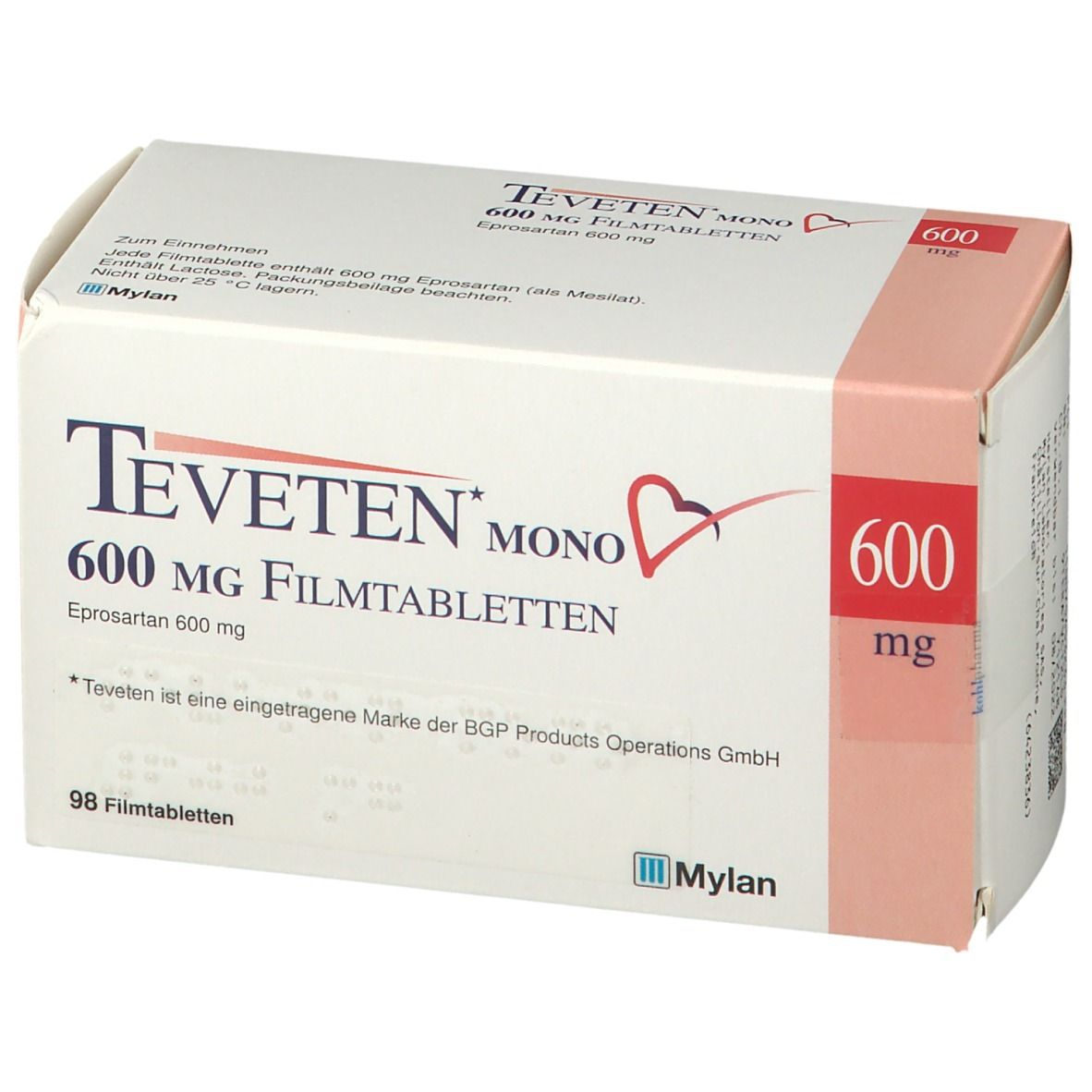 Verpackung von TEVETEN mono 600 mg Filmtabletten. Weiße und rosa Schachtel. Aufschrift und 600 mg in rot.