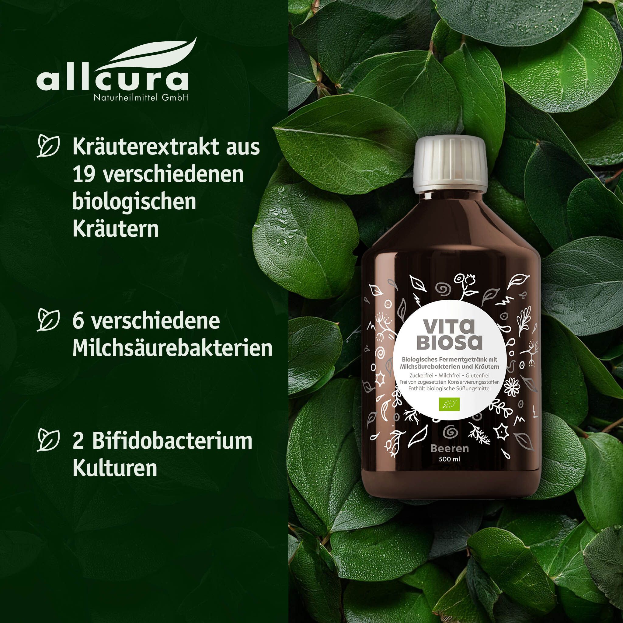Braune Flasche mit weißem Deckel, umgeben von Blättern. Aufschrift: Vita Biosa, Beeren. Enthält Kräuterextrakt, Milchsäurebakterien.