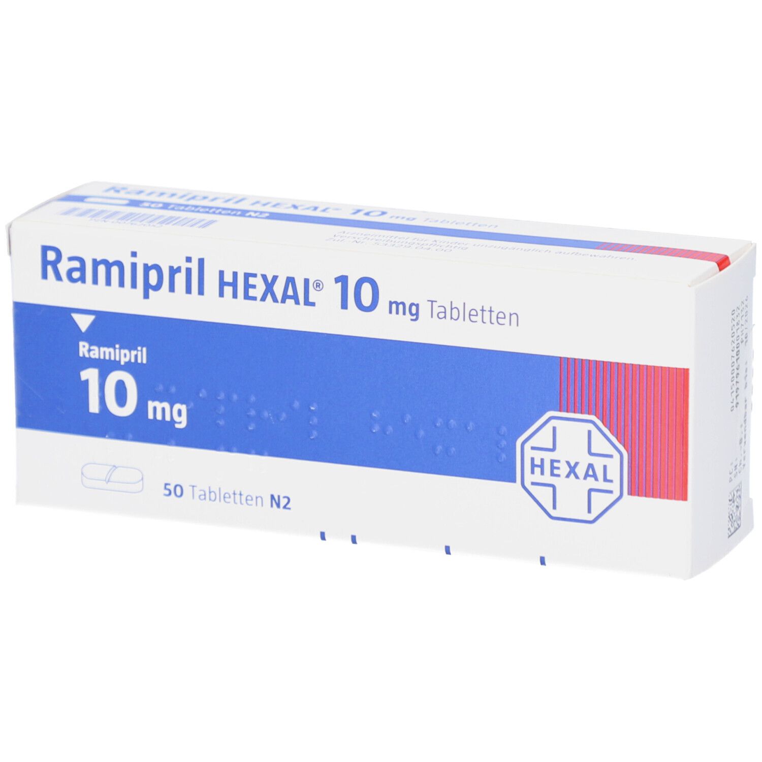 Schachtel Ramipril HEXAL 10 mg Tabletten. Weiße Schachtel mit blauer Fläche und rotem Akzent. HEXAL Logo.