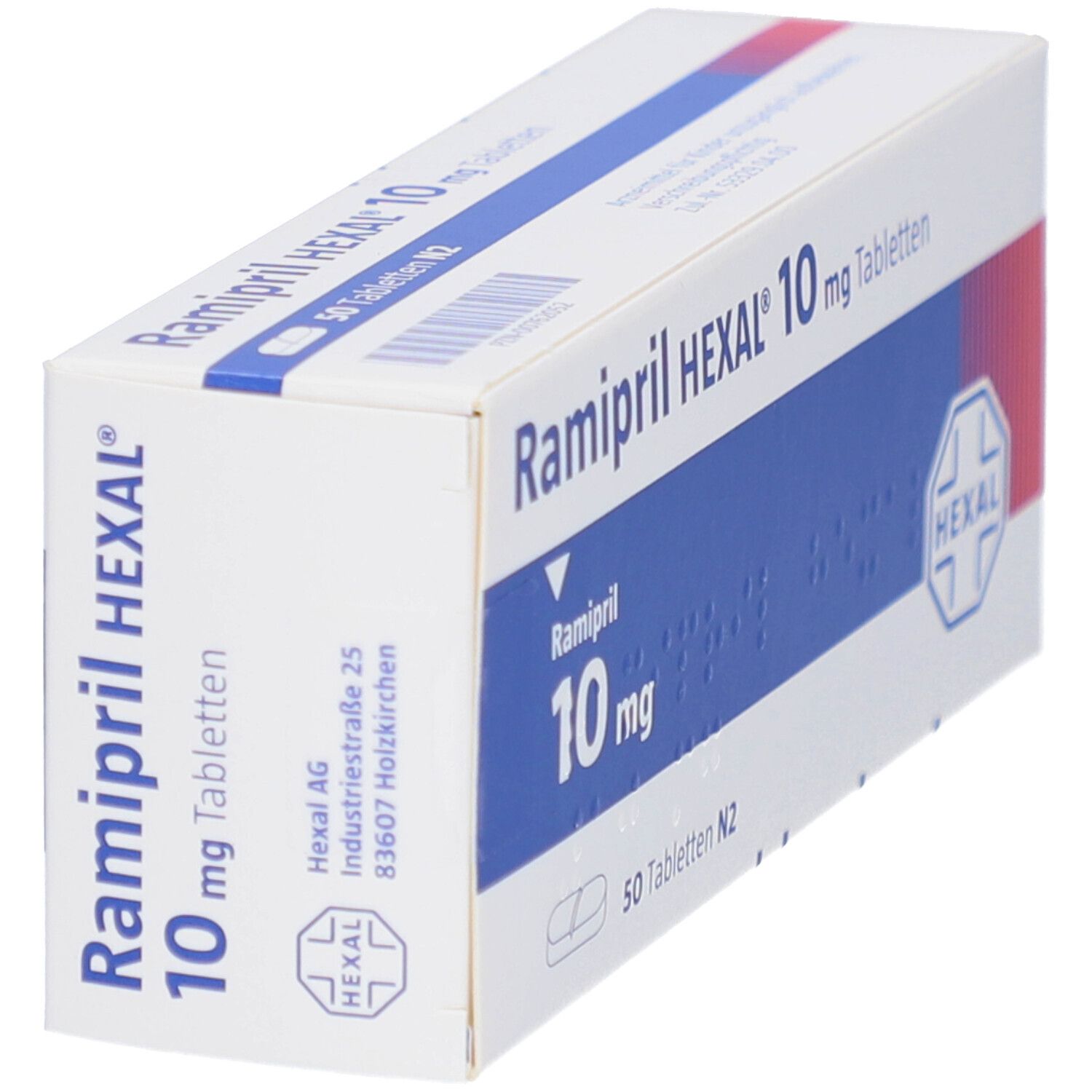 Schachtel Ramipril HEXAL 10 mg Tabletten. Weiße Schachtel, schräg gestellt, mit blauer Fläche. HEXAL Logo.