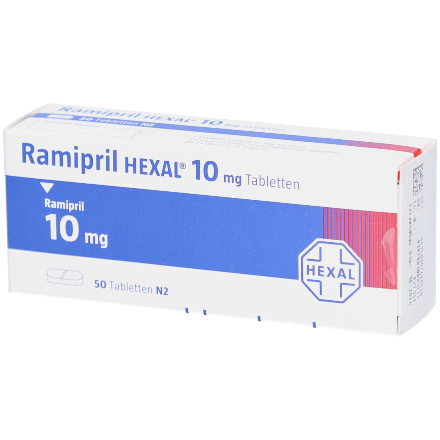 Schachtel Ramipril HEXAL 10 mg Tabletten. Weiße Schachtel mit blauer Fläche und rotem Akzent. HEXAL Logo.
