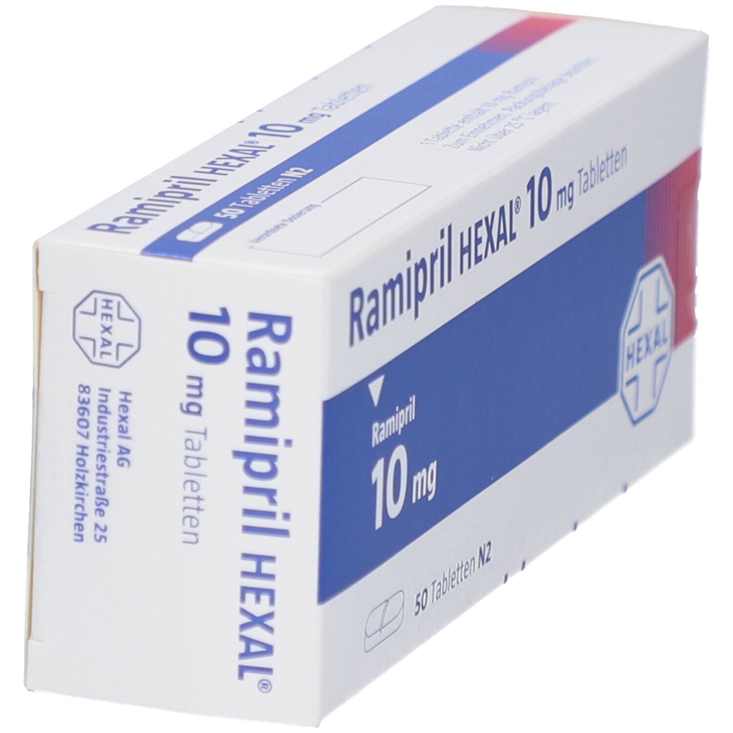 Schachtel Ramipril HEXAL 10 mg Tabletten. Weiße Schachtel, schräg gestellt, mit blauer Fläche. HEXAL Logo.