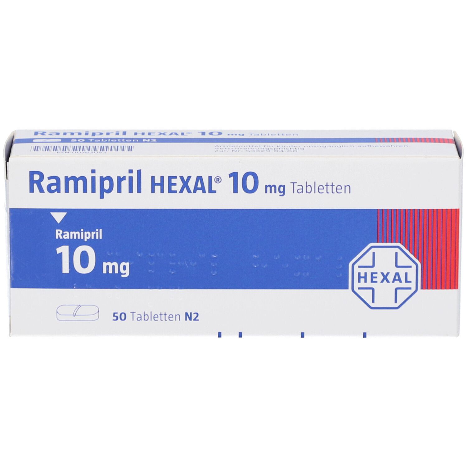 Schachtel Ramipril HEXAL 10 mg Tabletten. Weiße Schachtel mit blauer Fläche. HEXAL Logo und Tabletten-Symbol.