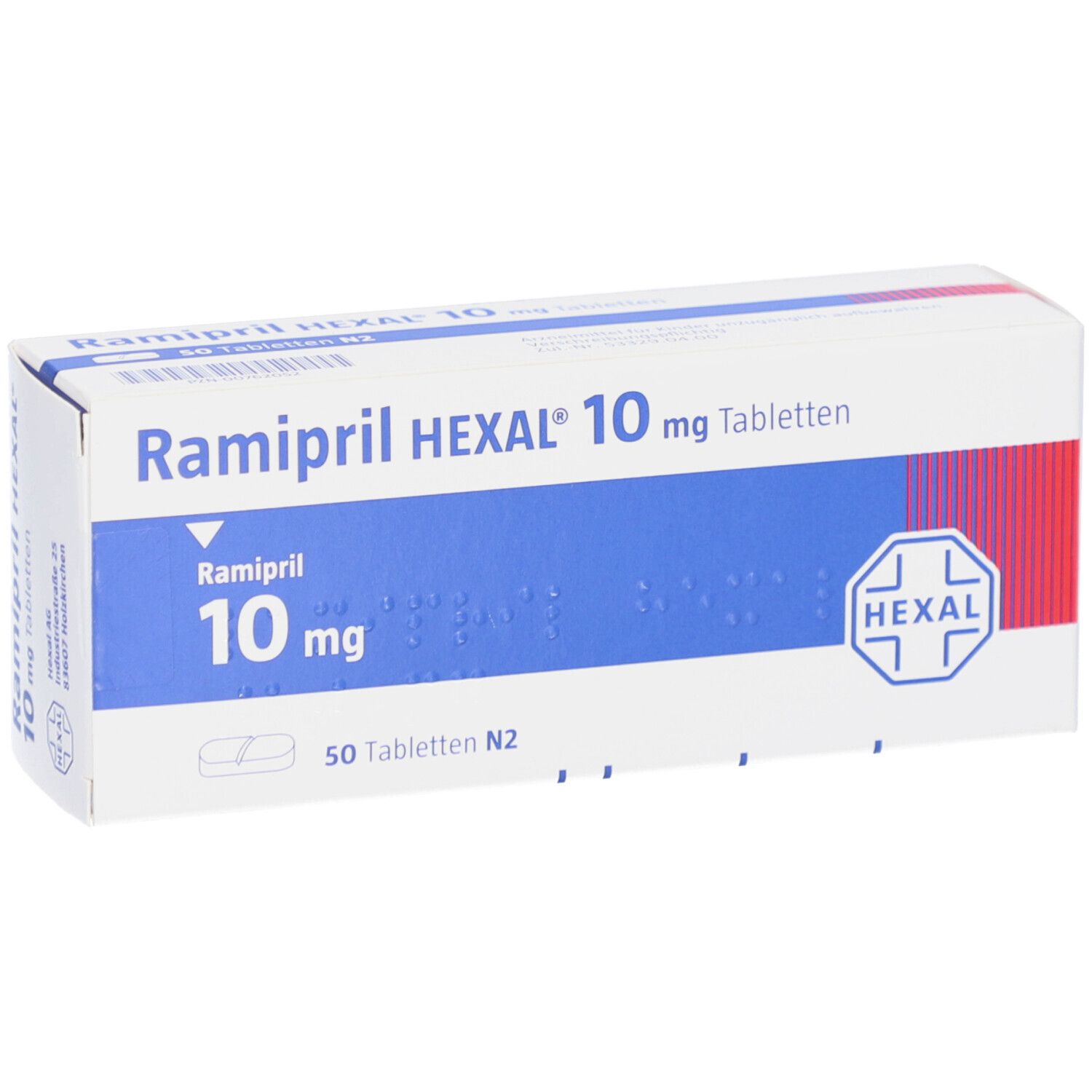 Schachtel Ramipril HEXAL 10 mg Tabletten. Weiße Schachtel mit blauer Fläche. HEXAL Logo und Tabletten-Symbol.