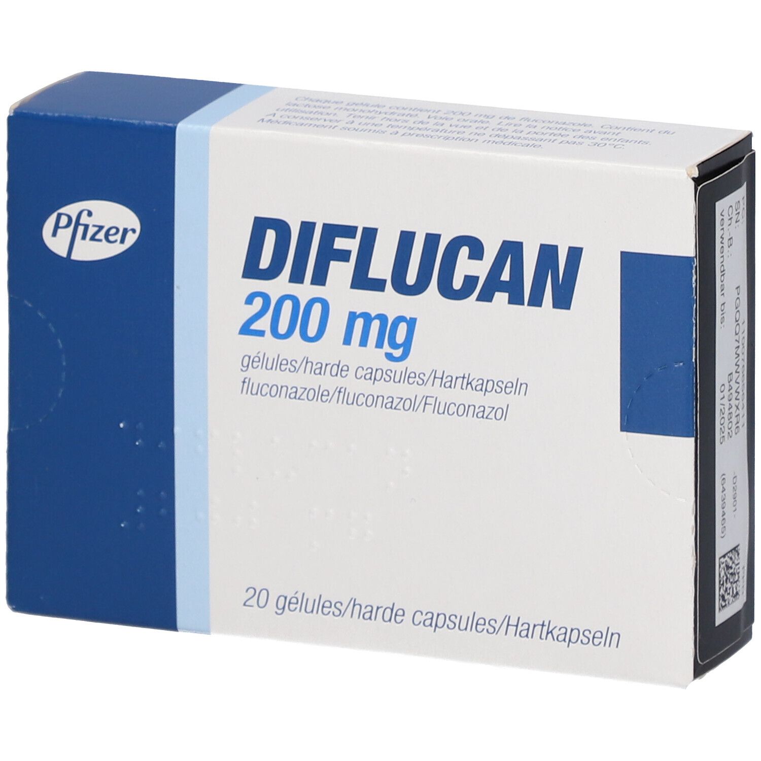 Schachtel mit "DIFLUCAN 200 mg". Blaue und weiße Verpackung. Pfizer-Logo. 20 Hartkapseln.