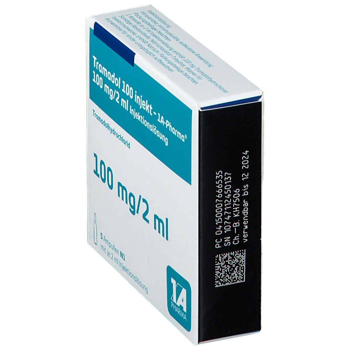 Schachtel Tramadol 100 Injekt 1A Pharma, Seitenansicht. Aufschrift: 100 mg/2 ml. Logo 1A Pharma. Chargennummer und Verfallsdatum.