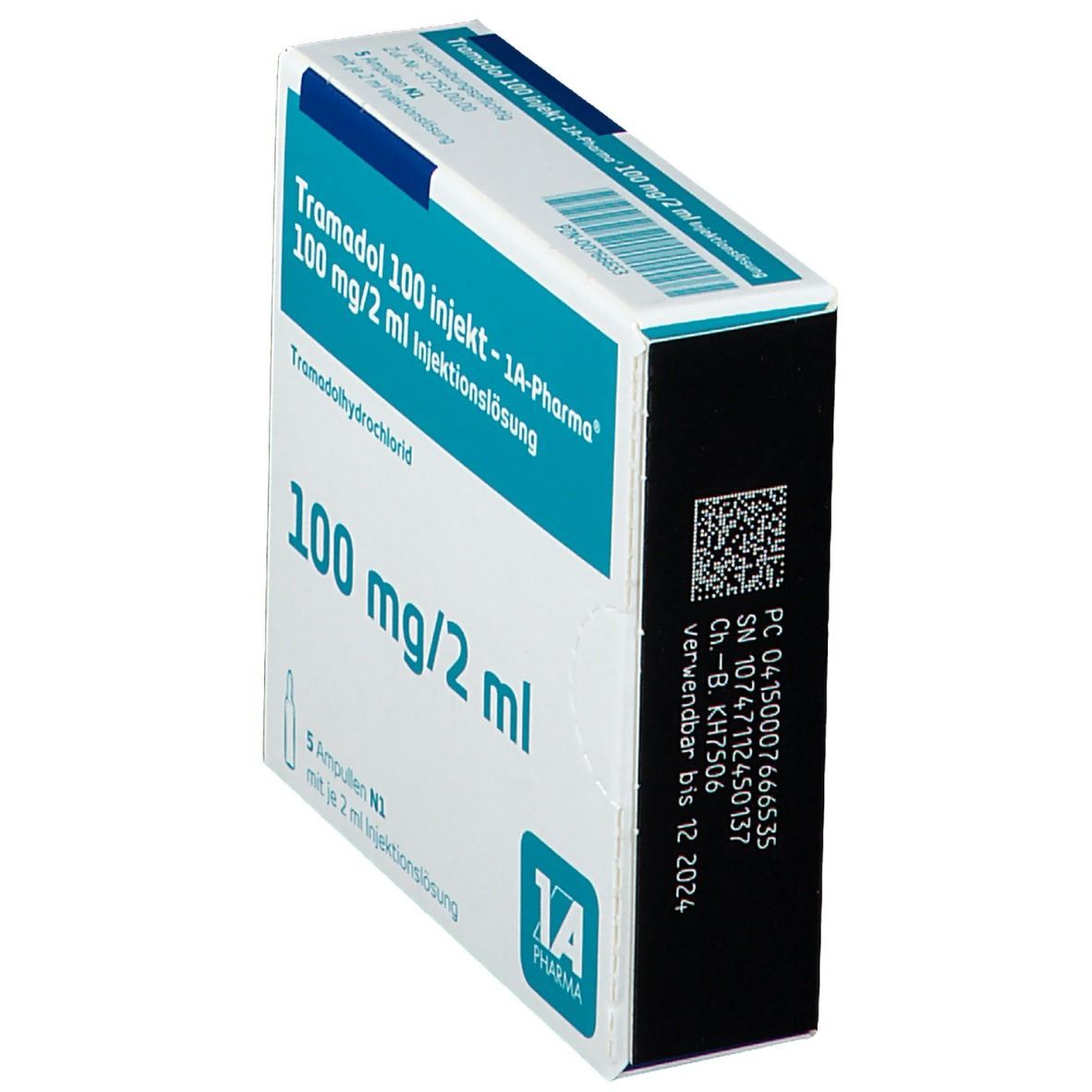 Schachtel Tramadol 100 Injekt 1A Pharma, Seitenansicht. Aufschrift: 100 mg/2 ml. Logo 1A Pharma. Chargennummer und Verfallsdatum.
