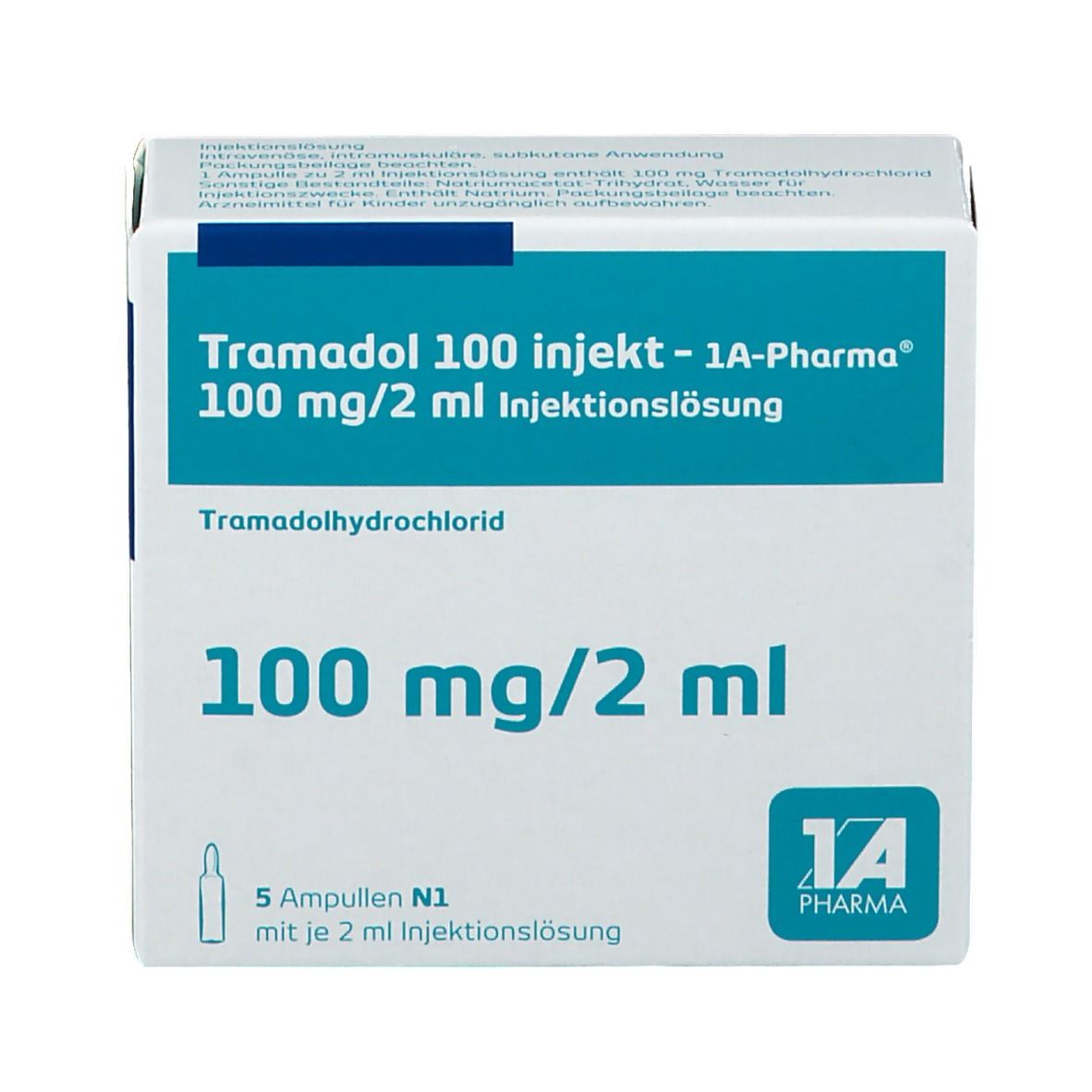 Schachtel mit Tramadol 100 Injekt 1A Pharma. Aufschrift: 100 mg/2 ml, 5 Ampullen. Logo 1A Pharma.