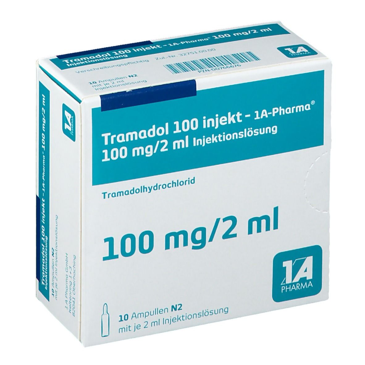 Karton mit "Tramadol 100 injekt - 1A Pharma". Enthält 10 Ampullen mit 2 ml Injektionslösung. Aufdrucke: 100 mg/2 ml, Tramadolhydrochlorid.