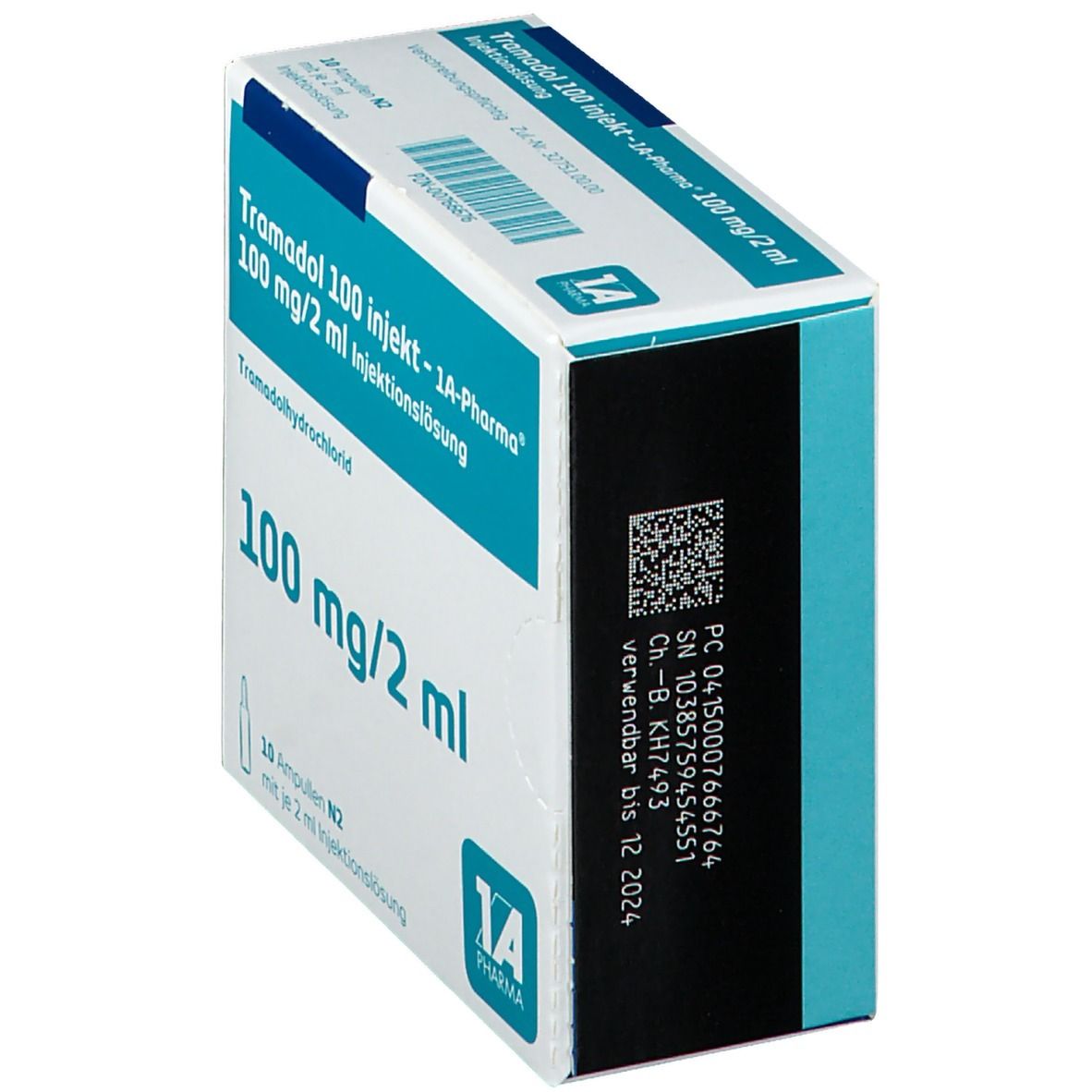 Karton "Tramadol 100 injekt - 1A Pharma". Seitenansicht. Aufdrucke: 100 mg/2 ml, 10 Ampullen, Verfallsdatum. Barcode und weitere Codes.