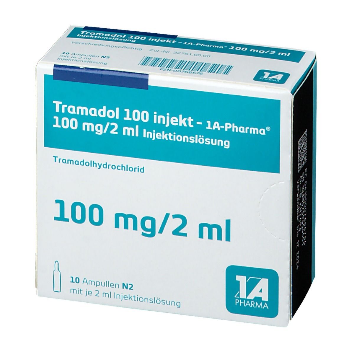 Karton "Tramadol 100 injekt - 1A Pharma". Seitenansicht. Aufdrucke: 100 mg/2 ml, 10 Ampullen. Logo 1A Pharma.