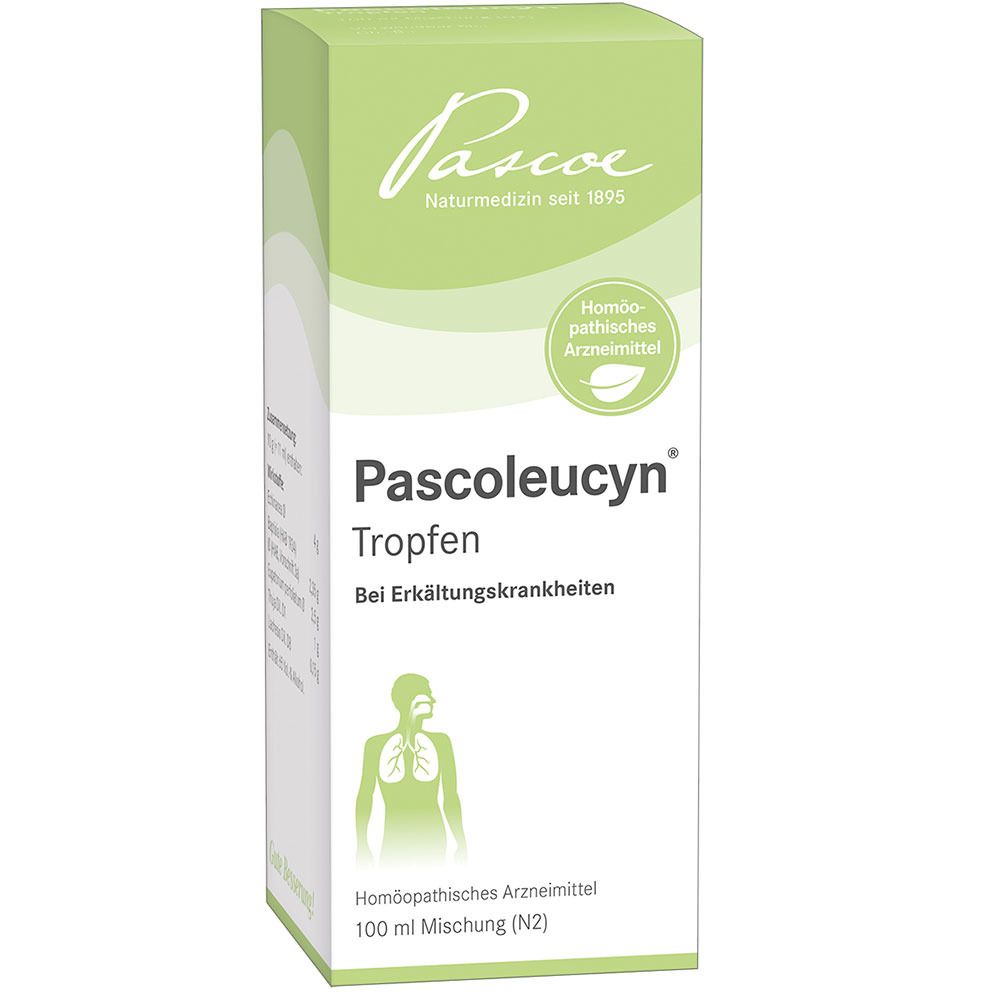 Karton von Pascoleucyn Tropfen. Grün-weißes Design mit Produktnamen und Logo. Homöopathisches Arzneimittel.