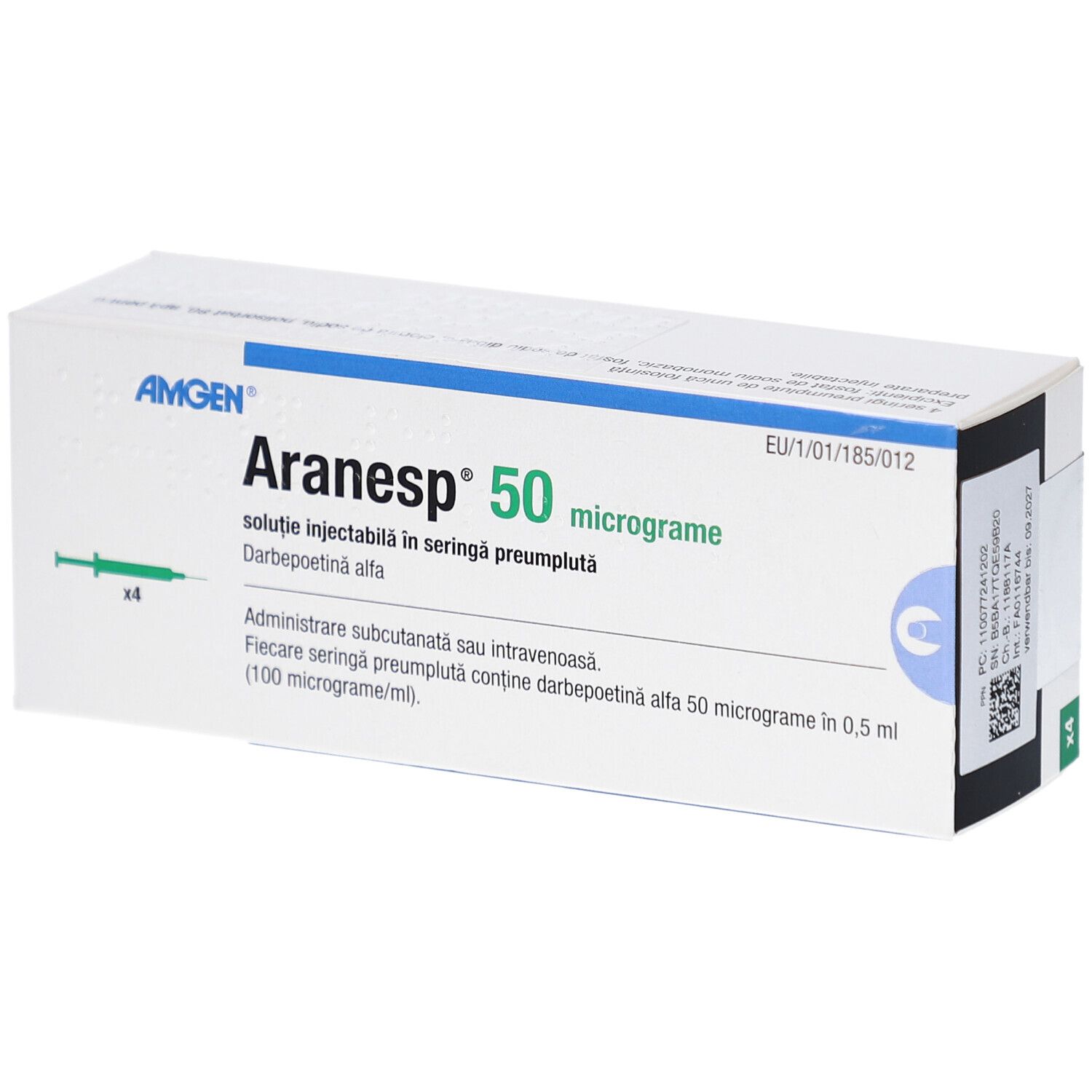 Aranesp 50 Mikrogramm Fertigspr., weiße Schachtel mit blauer und grüner Schrift. Enthält 4 Fertigspritzen. Amgen Logo.