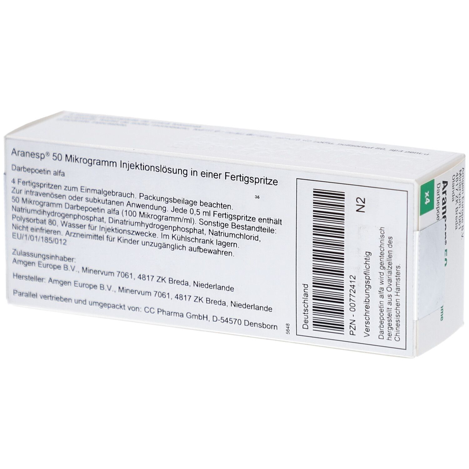 Aranesp 50 Mikrogramm Injektionslösung in Fertigspr., weiße Schachtel. Text in Deutsch. Enthält 4 Spritzen.