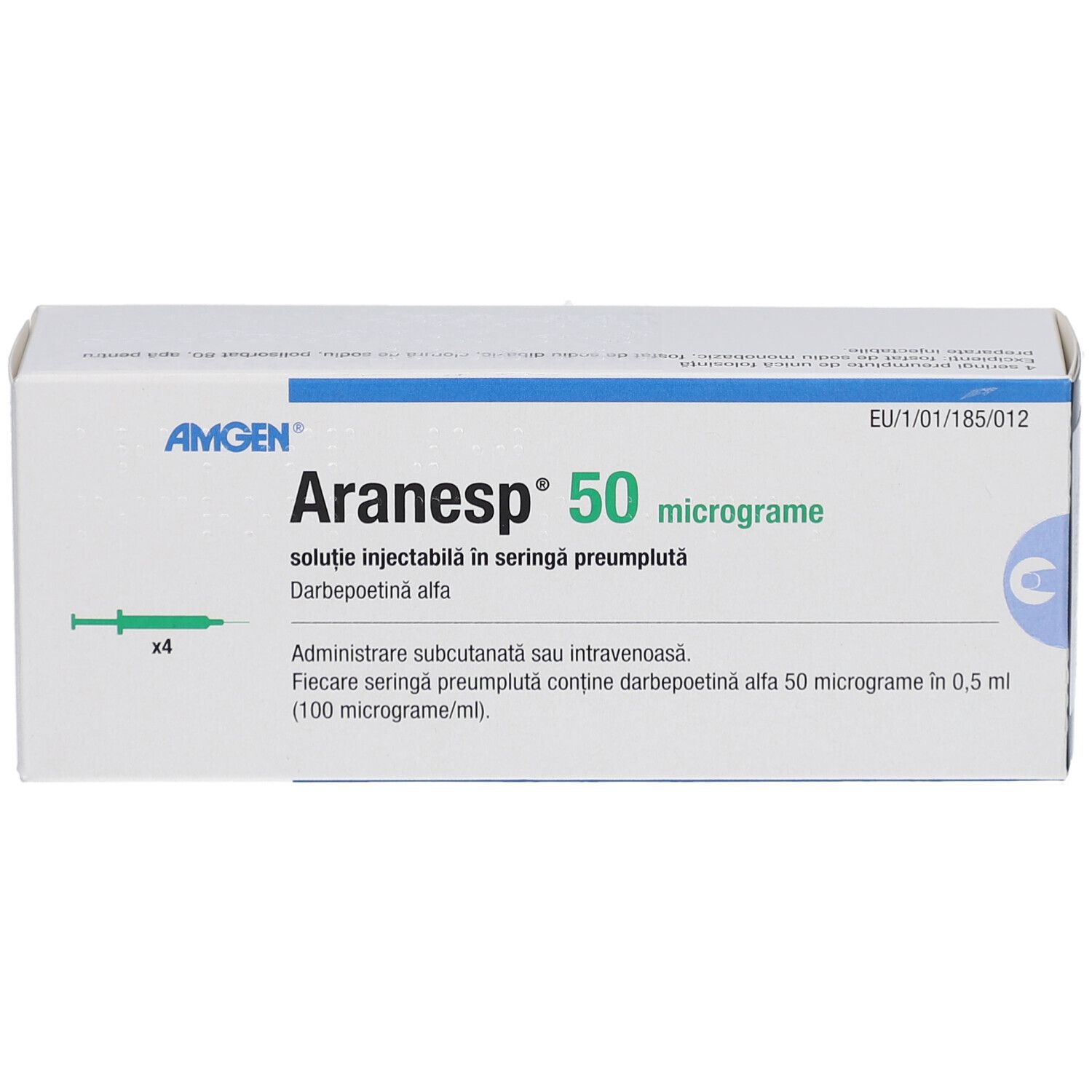 Aranesp 50 Mikrogramm Fertigspr., weiße Schachtel mit blauer und grüner Schrift. Enthält 4 Fertigspritzen. Amgen Logo.