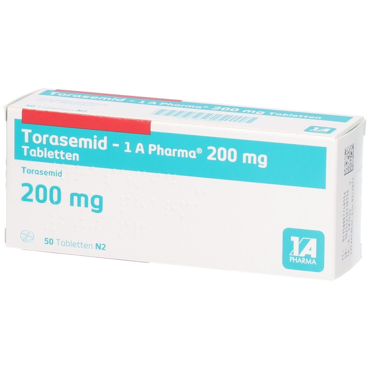 Schachtel mit Tabletten. Aufschrift: Torasemid - 1 A Pharma 200 mg Tabletten. 50 Tabletten N2. Logo 1A Pharma.