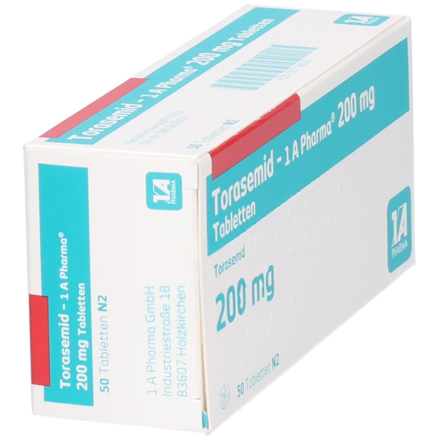 Schachtel mit Tabletten. Aufschrift: Torasemid - 1 A Pharma 200 mg Tabletten. 50 Tabletten N2. Logo 1A Pharma.