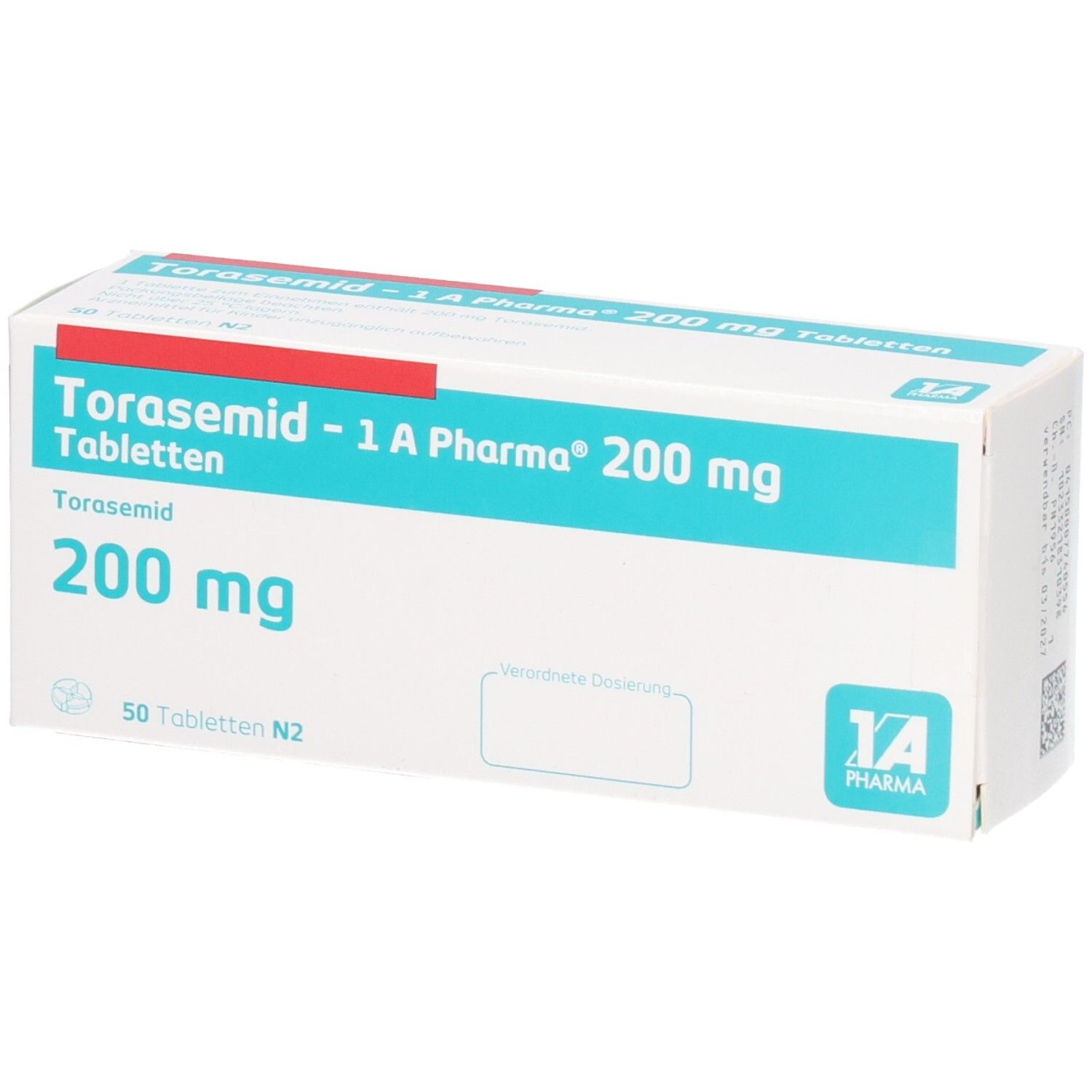 Schachtel mit Tabletten. Aufschrift: Torasemid - 1 A Pharma 200 mg Tabletten. 50 Tabletten N2. Logo 1A Pharma.