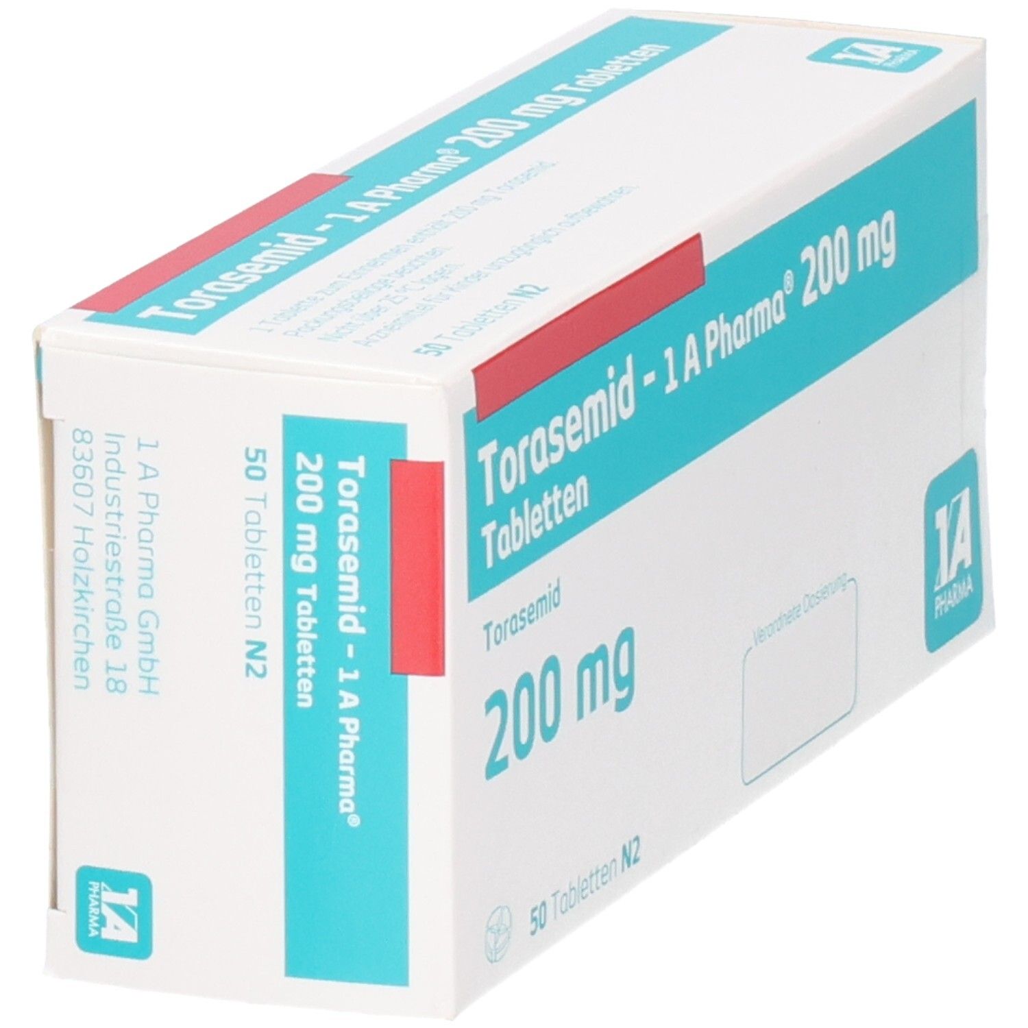 Schachtel mit Tabletten. Aufschrift: Torasemid - 1 A Pharma 200 mg Tabletten. 50 Tabletten N2. Logo 1A Pharma.