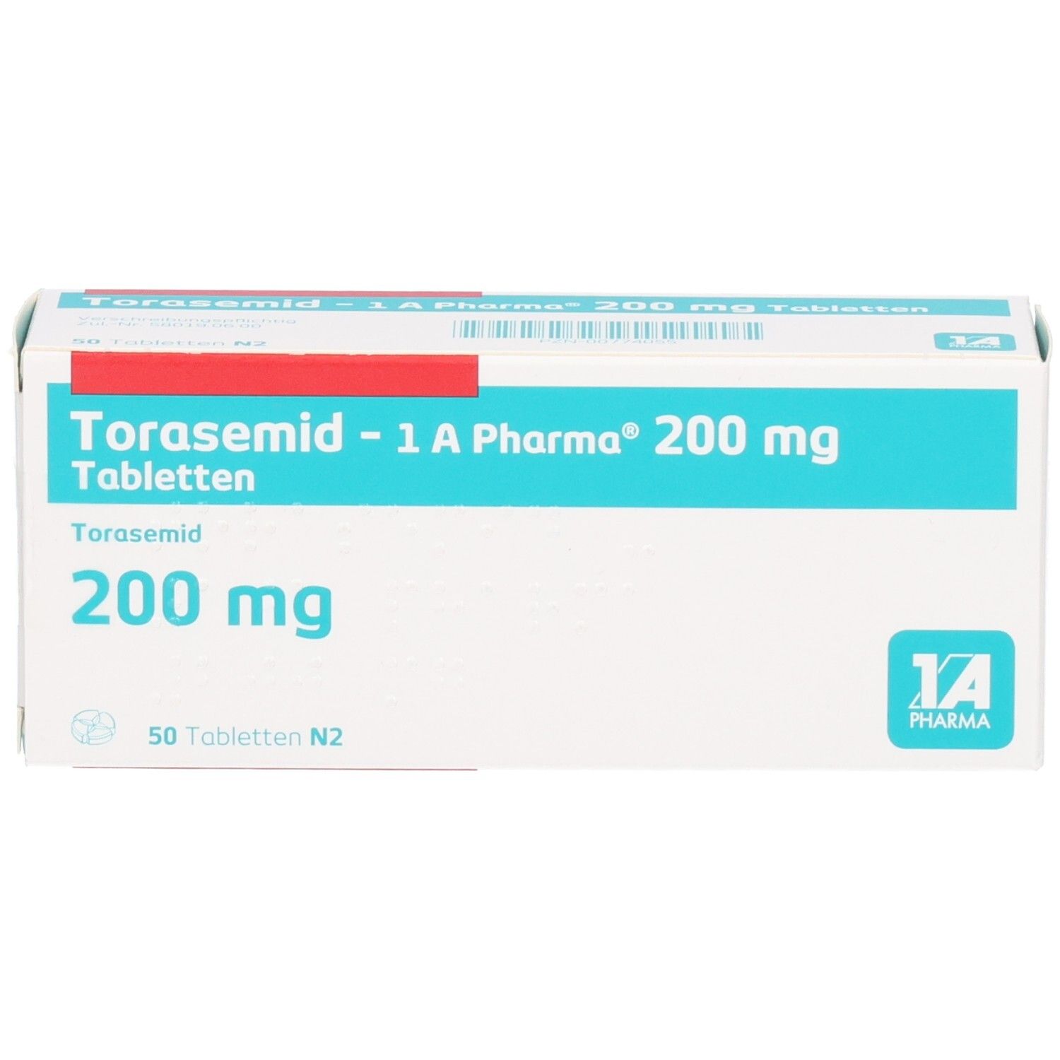 Schachtel mit Tabletten. Aufschrift: Torasemid - 1 A Pharma 200 mg Tabletten. 50 Tabletten N2. Logo 1A Pharma.