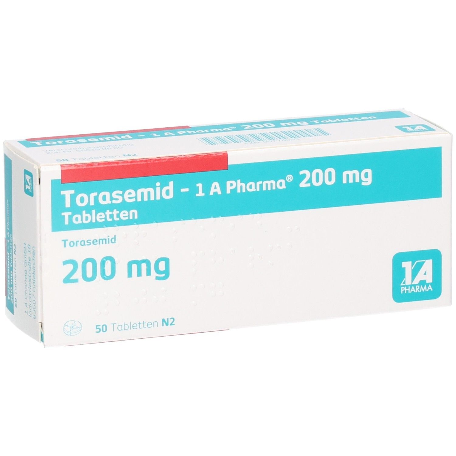 Schachtel mit Tabletten. Aufschrift: Torasemid - 1 A Pharma 200 mg Tabletten. 50 Tabletten N2. Logo 1A Pharma.