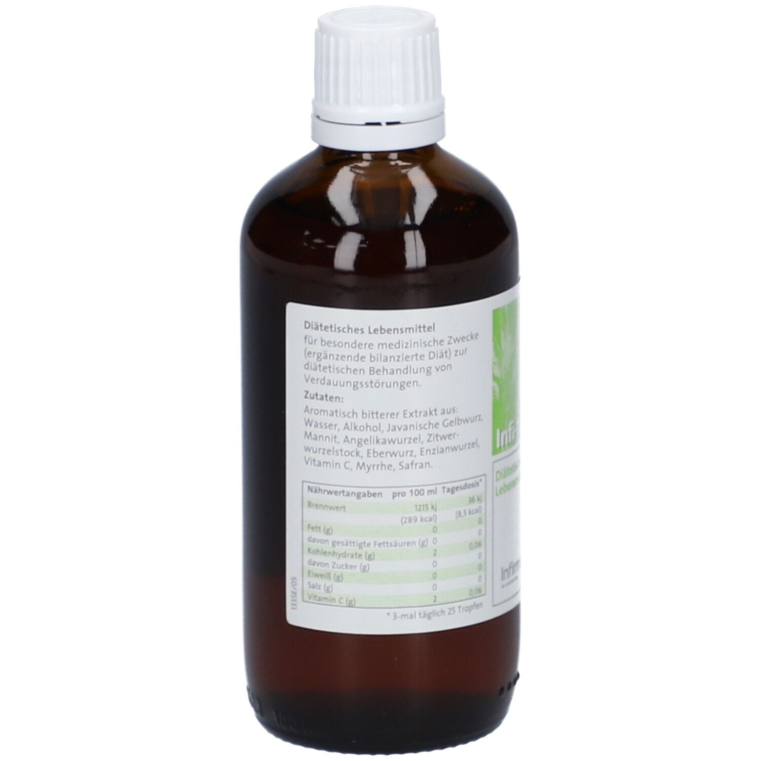 Braune Glasflasche mit weißem Deckel. Etikett mit Text und Nährwertangaben. Diätetisches Lebensmittel.