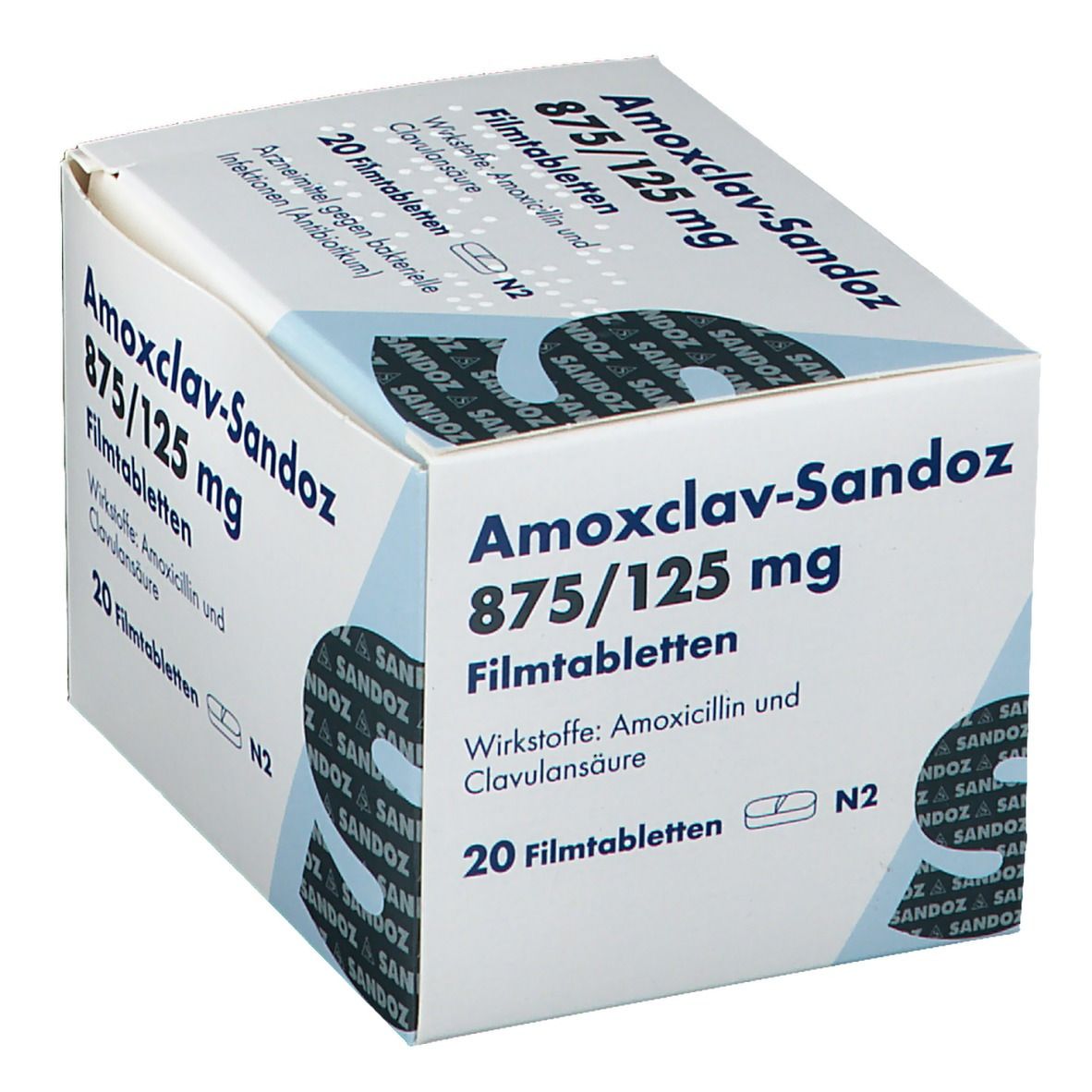 Schachtel mit AMOXCLAV SANDOZ 875/125 mg Filmtabletten. Aufschrift: 20 Filmtabletten, Wirkstoffe: Amoxicillin und Clavulansäure.