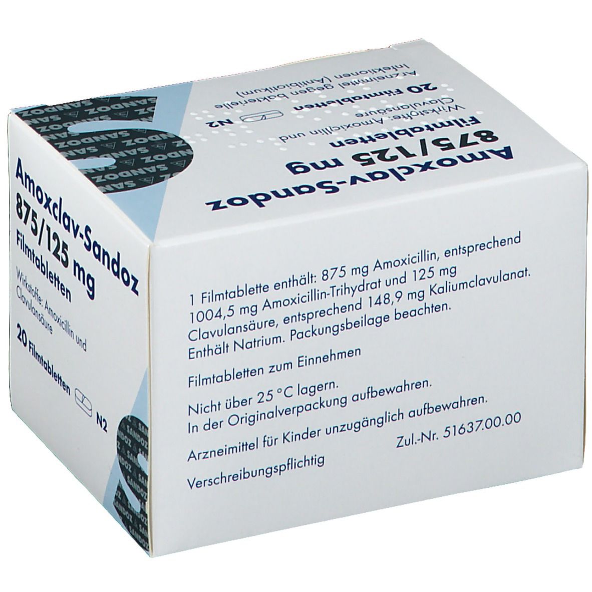 Rückseite der Schachtel mit AMOXCLAV SANDOZ 875/125 mg Filmtabletten. Text: Zusammensetzung, Lagerungshinweise, Zulassungsnummer.