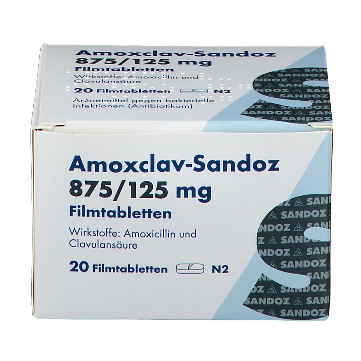 Schachtel mit AMOXCLAV SANDOZ 875/125 mg Filmtabletten. Aufschrift: 20 Filmtabletten, Wirkstoffe: Amoxicillin und Clavulansäure.