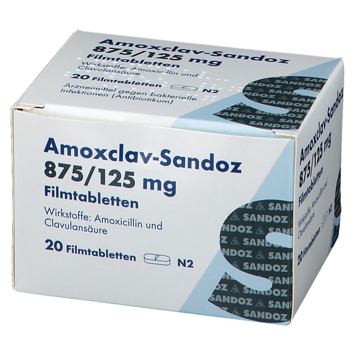 Schachtel mit AMOXCLAV SANDOZ 875/125 mg Filmtabletten. Aufschrift: 20 Filmtabletten, Wirkstoffe: Amoxicillin und Clavulansäure.