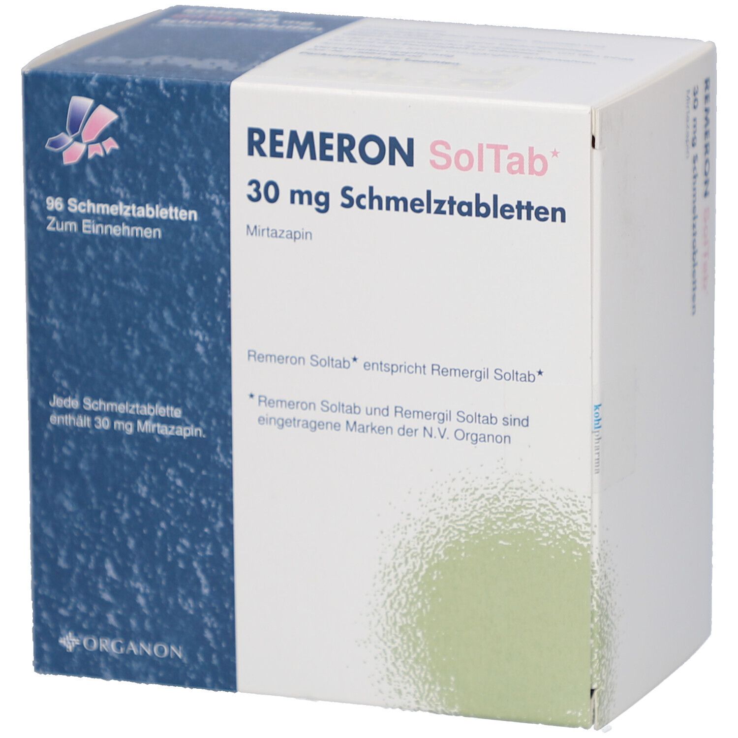 Schachtel Remeron SolTab 30 mg. Enthält 96 Schmelztabletten. Aufschrift: Mirtazapin. Marke Organon.