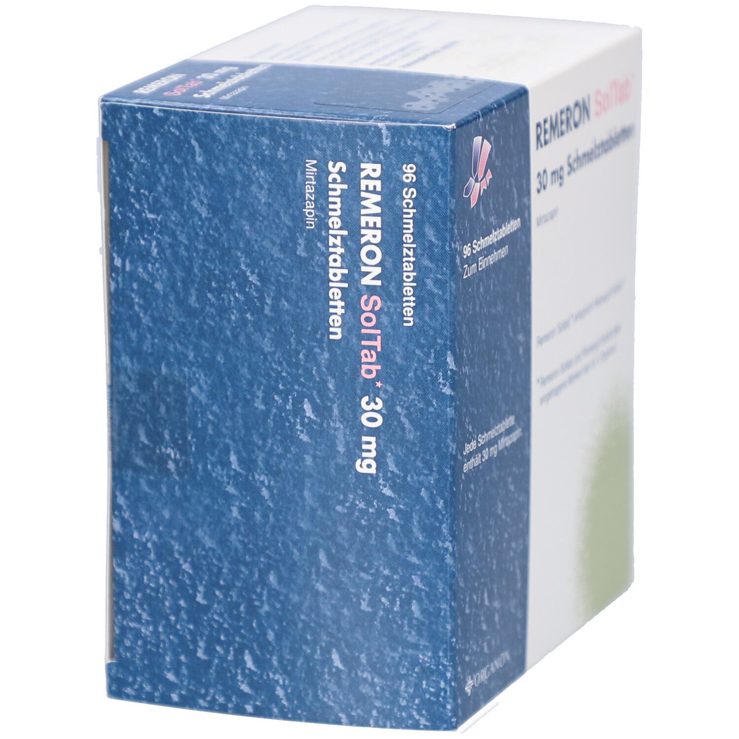 Schachtel Remeron SolTab 30 mg. Enthält 96 Schmelztabletten. Aufschrift: Mirtazapin. Marke Organon.