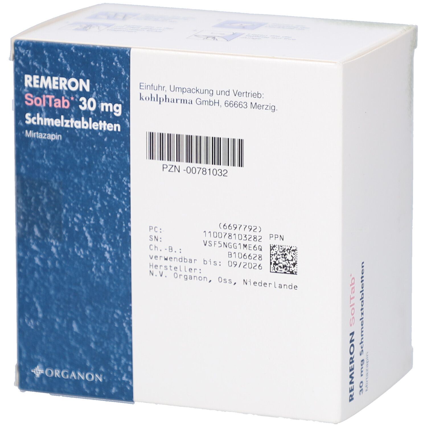 Schachtel Remeron SolTab 30 mg. Enthält 96 Schmelztabletten. Aufschrift: Mirtazapin. Marke Organon. PZN-00781032.