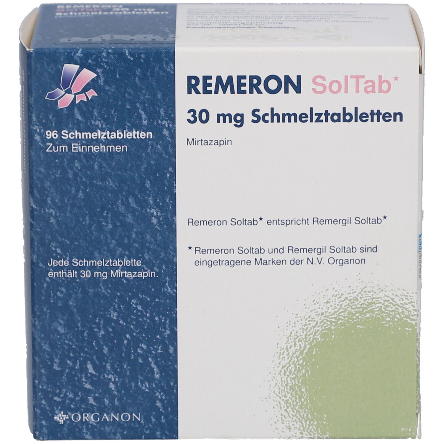 Schachtel Remeron SolTab 30 mg. Enthält 96 Schmelztabletten. Aufschrift: Mirtazapin. Marke Organon.